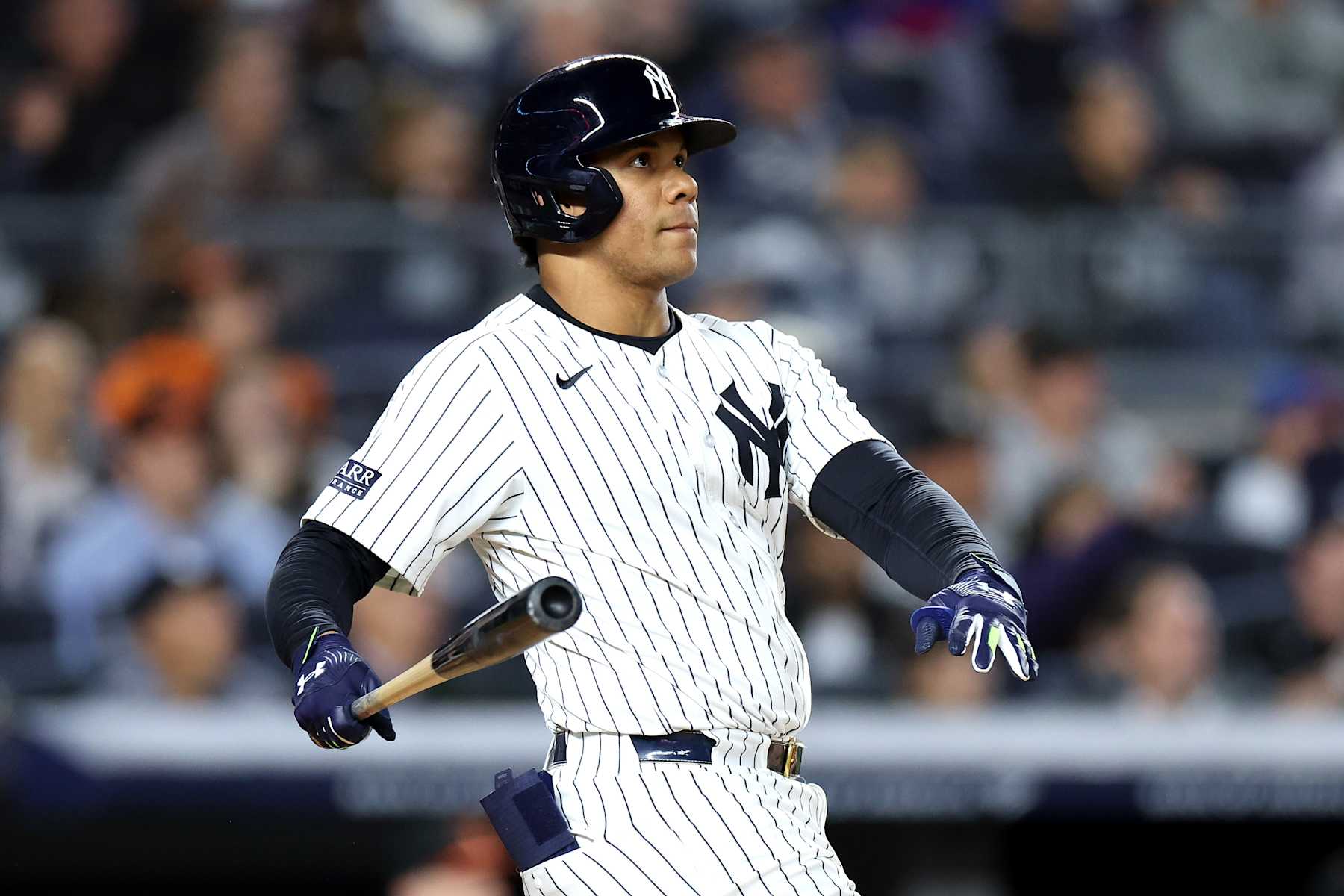 NEW YORK, NEW YORK - SEPTEMBER 25: Juan Soto #22 of the New York Yankees reacts after a two-run home run against the Baltimore Orioles during the fifth inning at Yankee Stadium on September 25, 2024 in the Bronx borough of New York City. (Photo by Luke Hales/Getty Images)