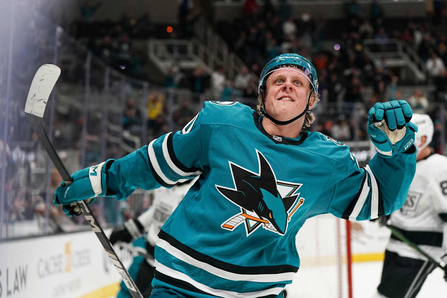 SAN JOSE, CA - OCTOBER 29: Fabian Zetterlund #20 of the San Jose Sharks celebrates scoring a goal in the third period against the Los Angeles Kings at SAP Center on October 29, 2024 in San Jose, California. (Photo by Kavin Mistry/NHLI via Getty Images)