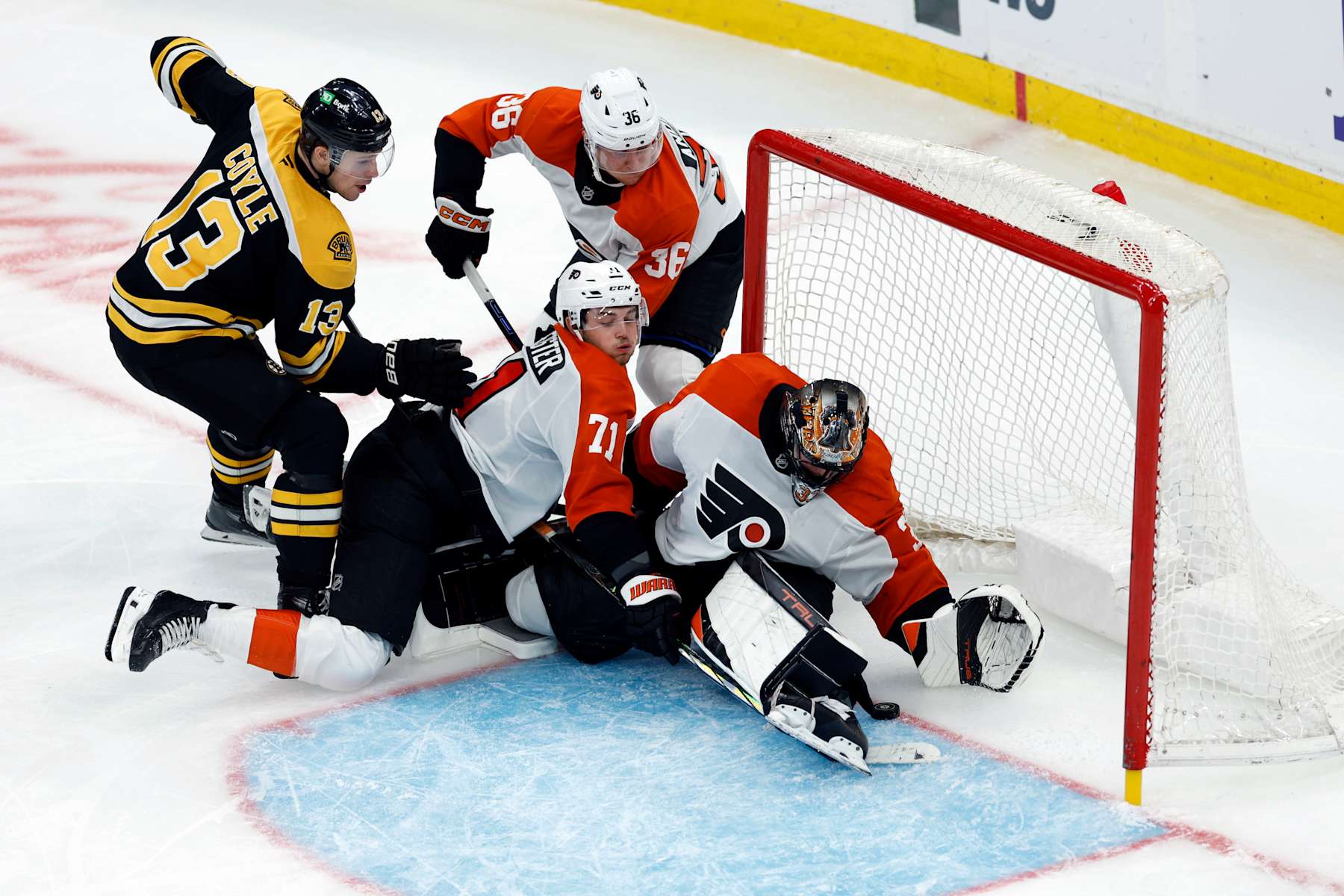 Boston, MA - October 30: Philadelphia Flyers goaltender Samuel Ersson makes a save during the third period at TD Garden. (Photo by Danielle Parhizkaran/The Boston Globe via Getty Images)