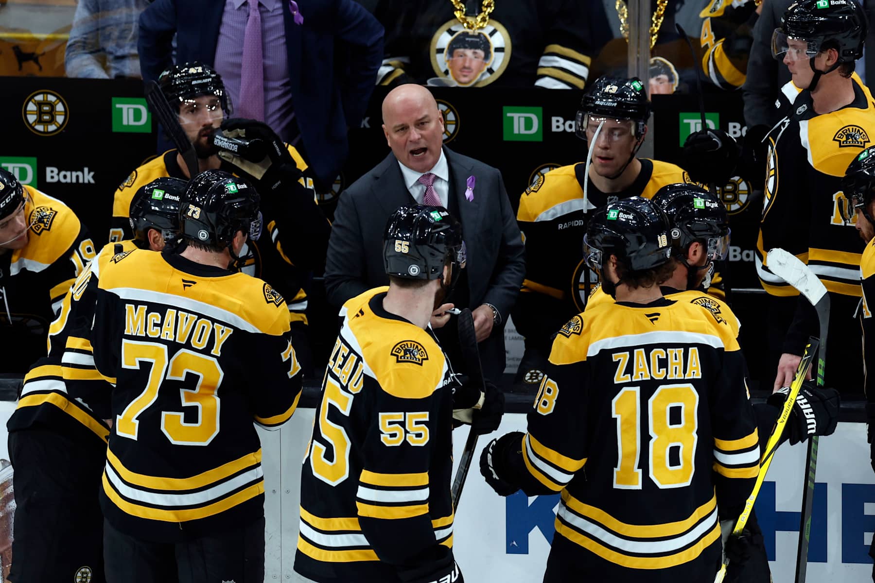 Boston, MA - October 29: Boston Bruins head coach Jim Montgomery talks during a timeout in the third period at TD Garden. (Photo by Danielle Parhizkaran/The Boston Globe via Getty Images)