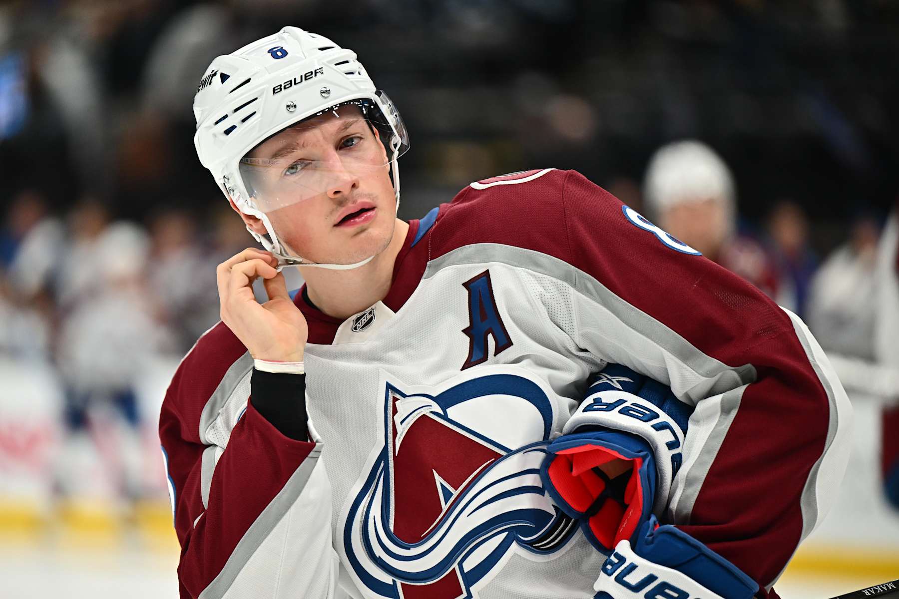SALT LAKE CITY, UTAH - OCTOBER 24: Cale Makar #8 of the Colorado Avalanche skates prior to the start of a game against the Utah Hockey Club on October 24, 2024 at Delta Center in Salt Lake City, Utah. (Photo by Jamie Sabau/NHLI via Getty Images)