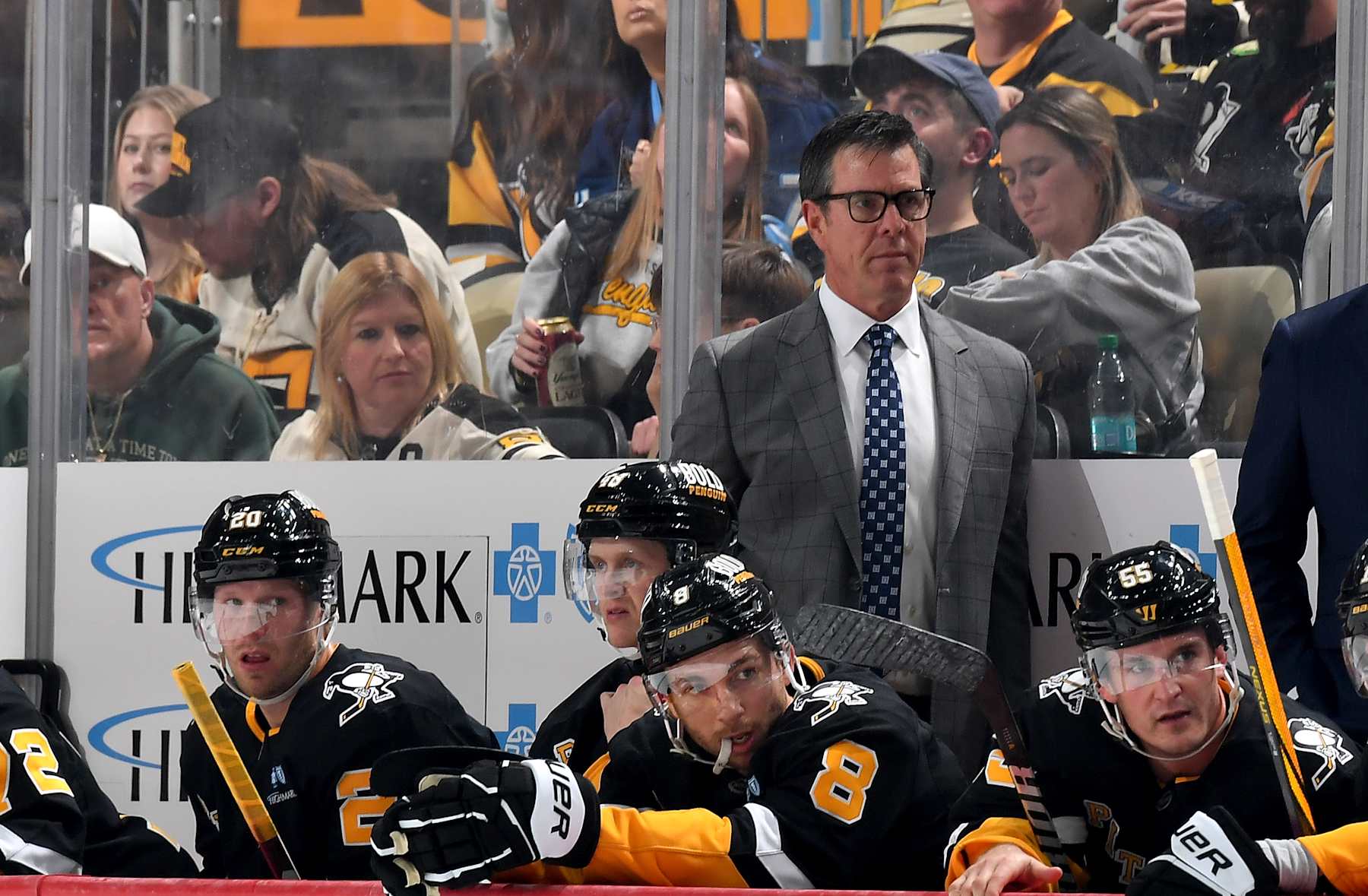 PITTSBURGH, PA - OCTOBER 29: Mike Sullivan of the Pittsburgh Penguins looks on against the Minnesota Wild at PPG PAINTS Arena on October 29, 2024 in Pittsburgh, Pennsylvania. (Photo by Joe Sargent/NHLI via Getty Images)