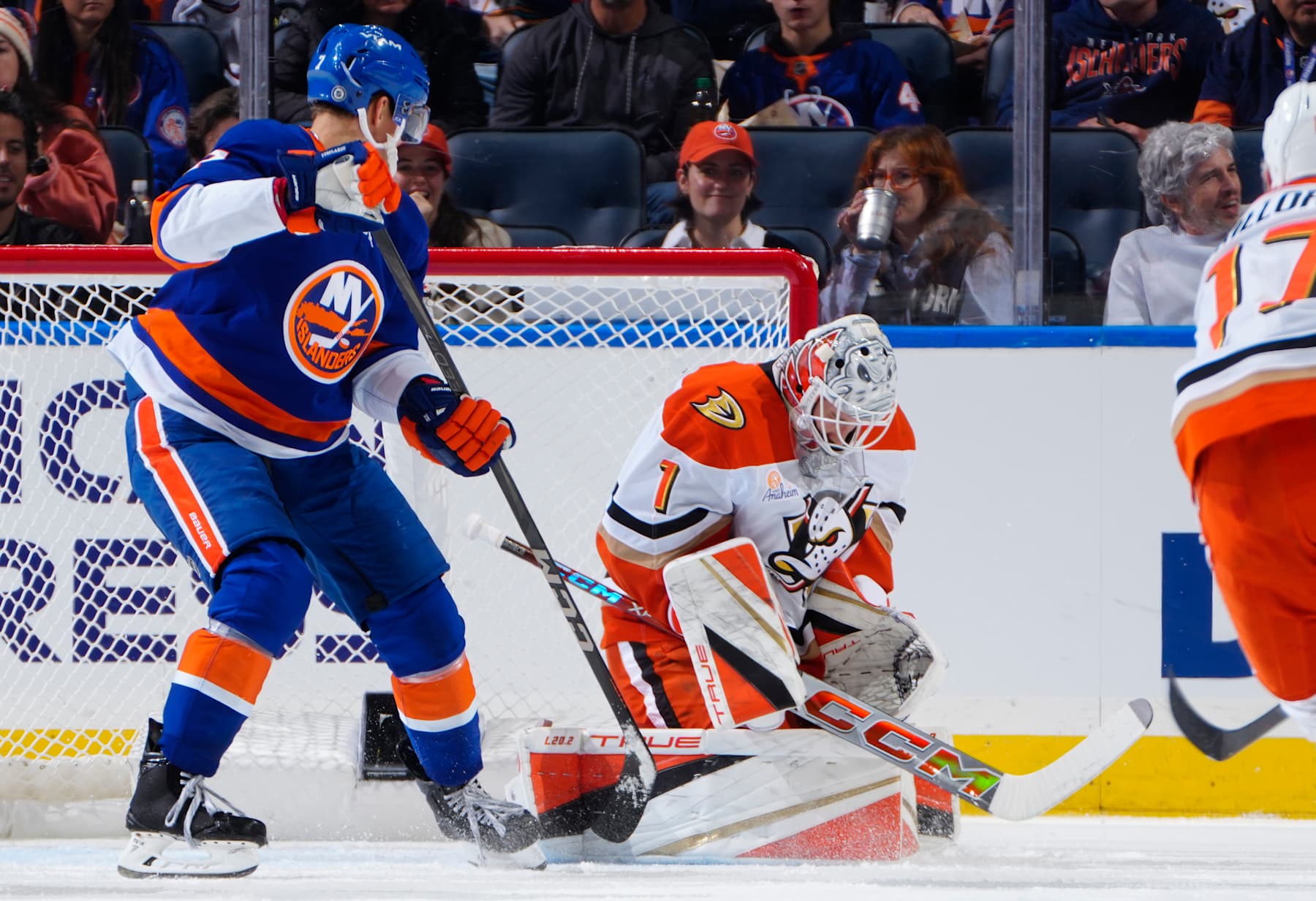 ELMONT, NEW YORK - OCTOBER 29: Lukas Dostal #1 of the Anaheim Ducks makes a save against the New York Islanders during the second period at UBS Arena on October 29, 2024 in Elmont, New York. (Photo by Mike Stobe/NHLI via Getty Images)