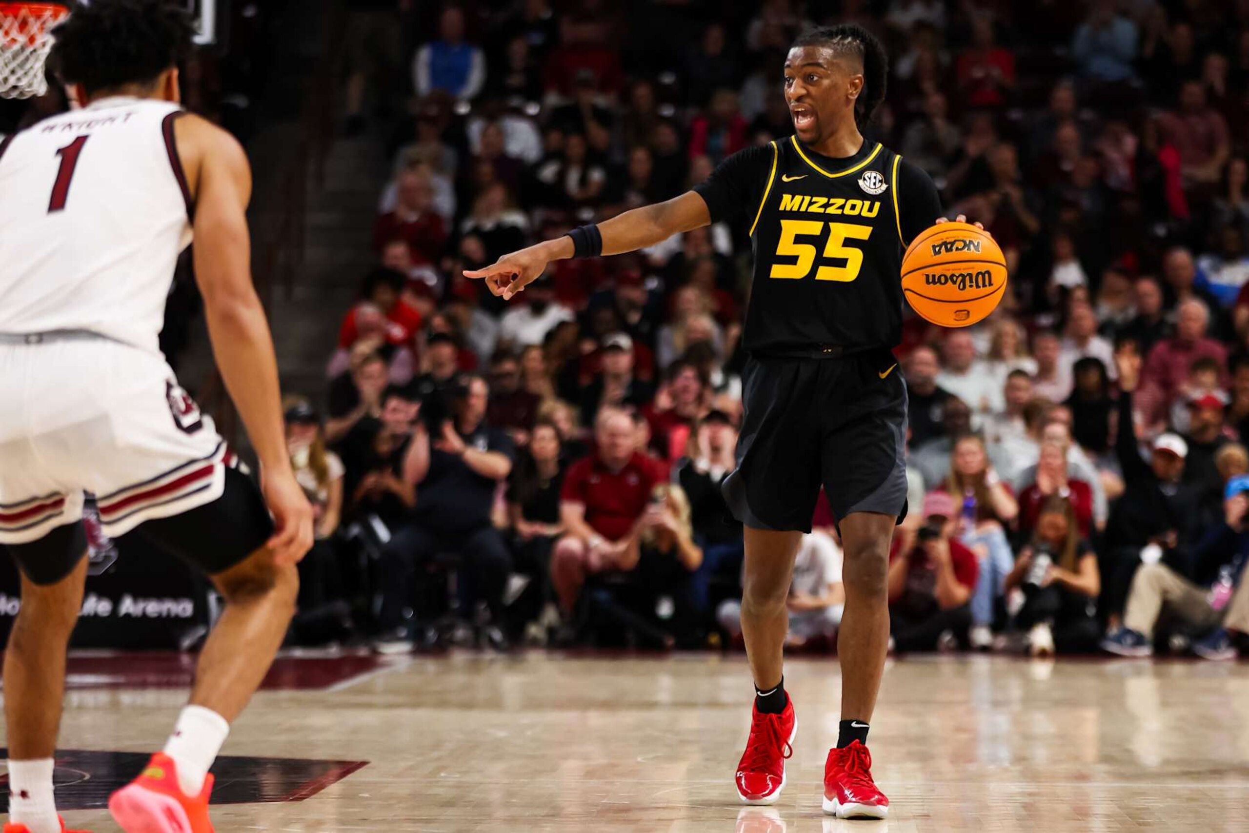 COLUMBIA, SC - JANUARY 27: Sean East II #55 of the Missouri Tigers gives instruction during a basketball game against the South Carolina Gamecocks at Colonial Life Arena on January 27, 2024 in Columbia, SC. (Photo by David Jensen/Icon Sportswire via Getty Images)
