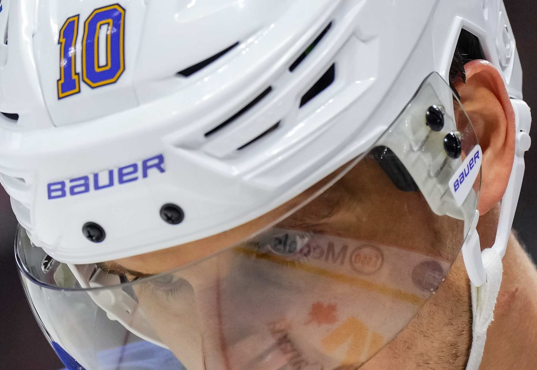 OTTAWA, CANADA - OCTOBER 29: Brayden Schenn #10 of the St. Louis Blues looks on in the second period against the Ottawa Senators at Canadian Tire Centre on October 29, 2024 in Ottawa, Ontario, Canada. (Photo by Chris Tanouye/Freestyle Photography/Getty Images)