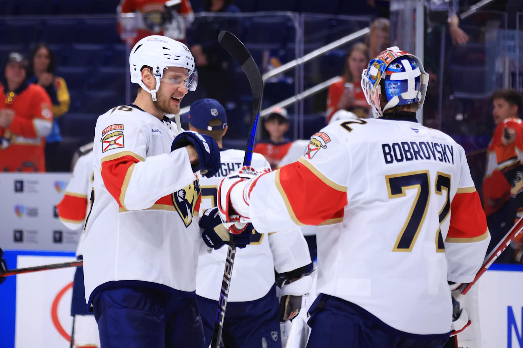 BUFFALO, NEW YORK - OCTOBER 28: Aleksander Barkov #16 celebrates with Sergei Bobrovsky #72 of the Florida Panthers after an NHL game against the Buffalo Sabres on October 28, 2024 at KeyBank Center in Buffalo, New York. Florida won, 5-2. (Photo by Bill Wippert/NHLI via Getty Images)