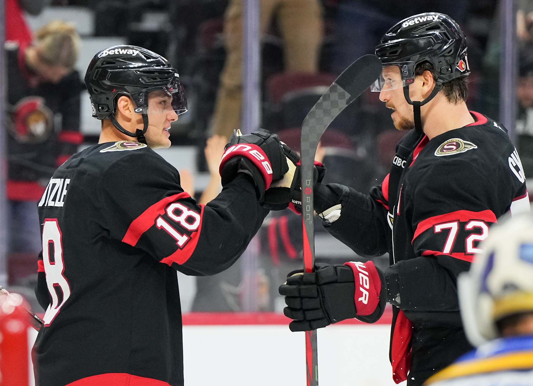 OTTAWA, ON - OCTOBER 29: Tim Stützle #18 of the Ottawa Senators celebrates his third period goal against the St. Louis Blues with teammate Thomas Chabot #72 at Canadian Tire Centre on October 29, 2024 in Ottawa, Ontario, Canada. (Photo by Matt Zambonin/NHLI via Getty Images)