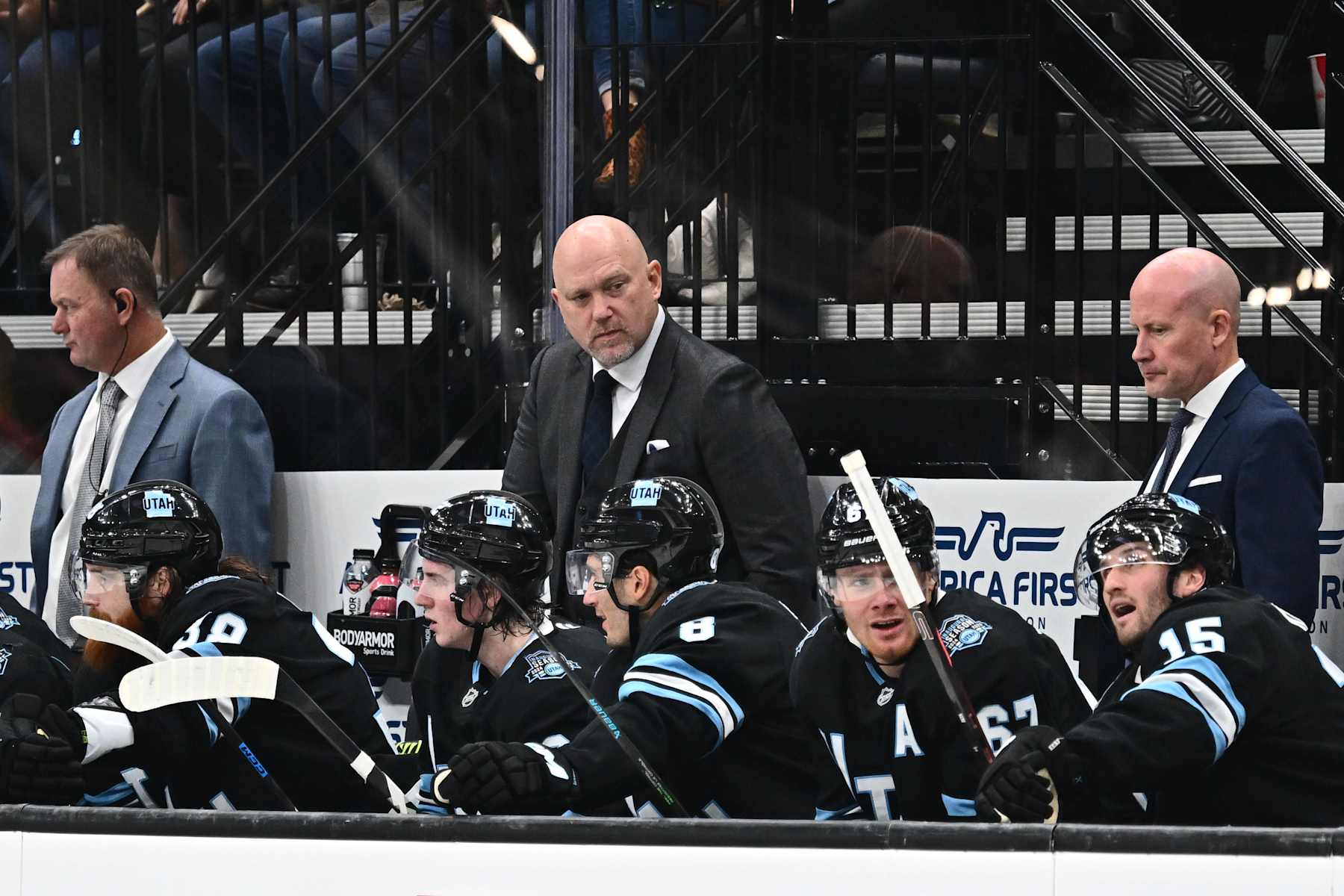 SALT LAKE CITY, UTAH - OCTOBER 28: Head Coach Andre Tourigny of the Utah Hockey Club talks with his players during the third period of a game against the San Jose Sharks on October 28, 2024 at Delta Center in Salt Lake City, Utah. (Photo by Jamie Sabau/NHLI via Getty Images)