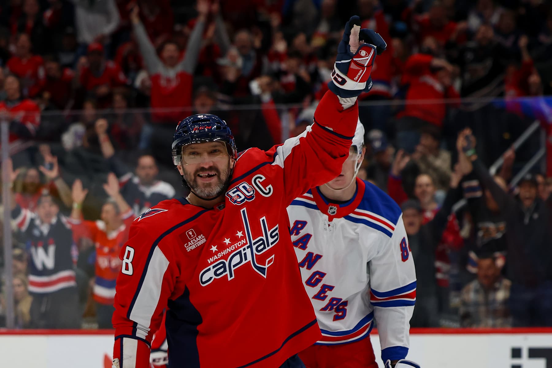 WASHINGTON, DC - OCTOBER 29: Alex Ovechkin #8 of the Washington Capitals celebrates a first period goal against the New York Rangers at Capital One Arena on October 29, 2024 in Washington, D.C. (Photo by John McCreary/NHLI via Getty Images)