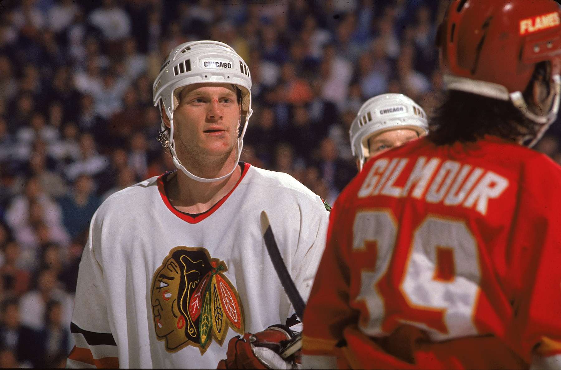 Canadian professional hockey player Dave Manson of the Chicago Blackhawks during a home game, Chicago, 1980s. (Photo by Bruce Bennett Studios via Getty Images Studios/Getty Images)