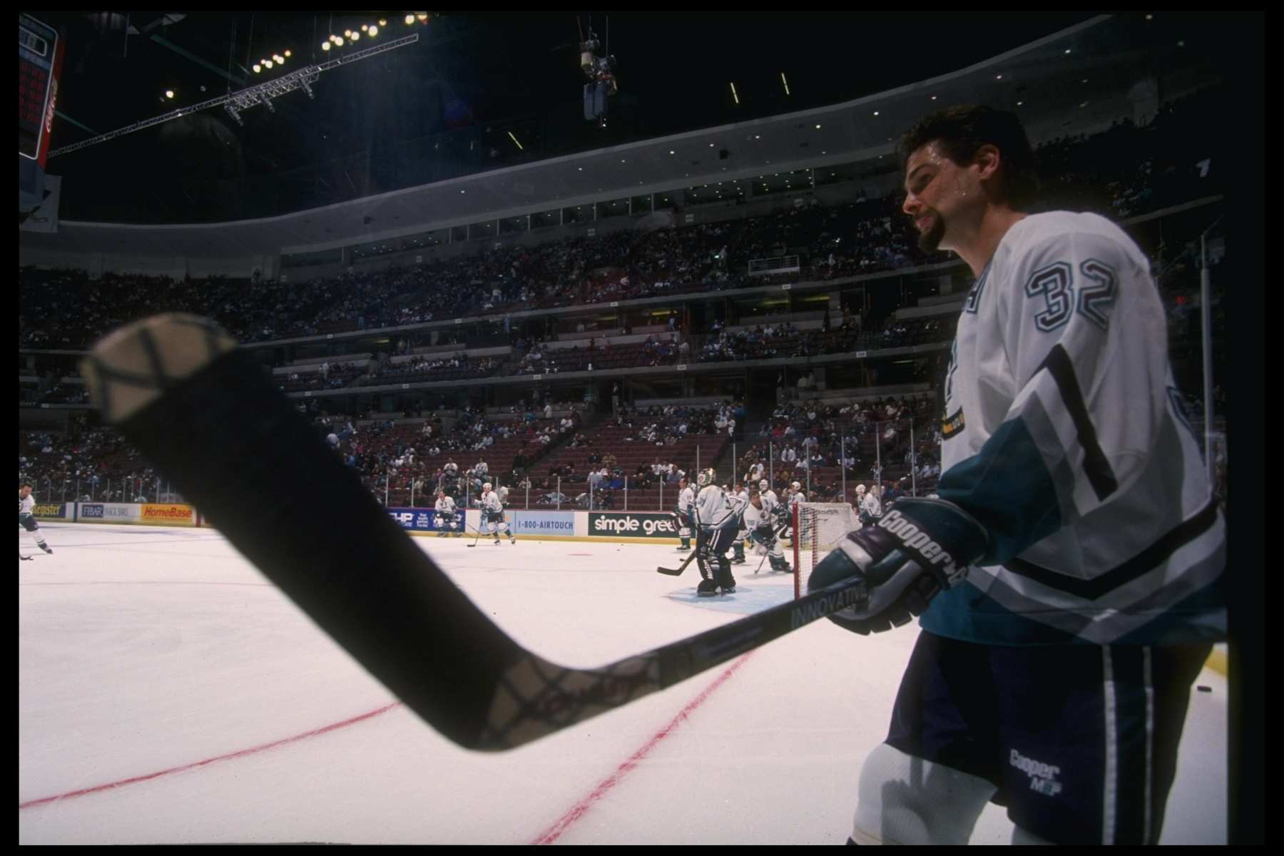 23 Jan 1995: Stu Grimson of the Anaheim Mighty Ducks looks on during a game against the Edmonton Oilers at Arrowhead Pond in Anaheim, California. The Ducks won the game, 5-4.