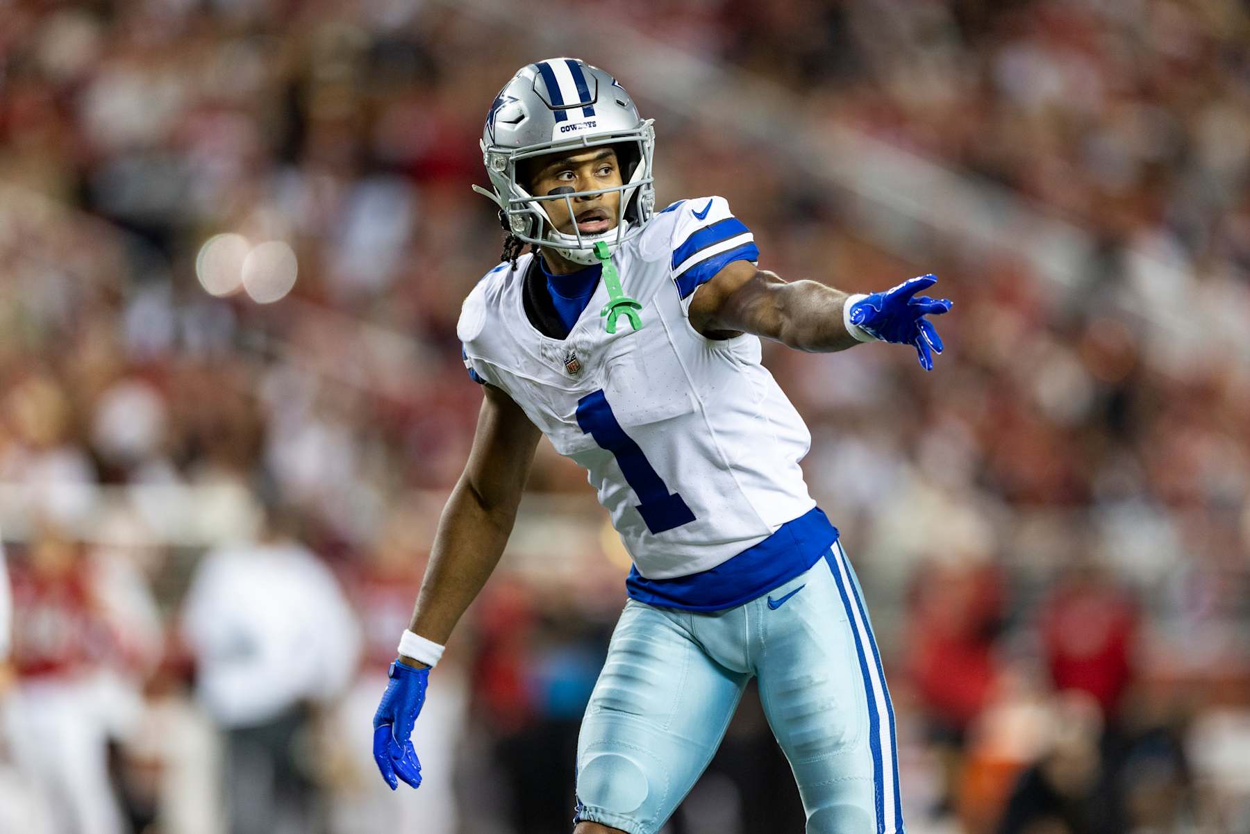 SANTA CLARA, CALIFORNIA - OCTOBER 27: Jalen Tolbert #1 of the Dallas Cowboys signals as he lines up during an NFL Football game against the San Francisco 49ers at Levi's Stadium on October 27, 2024 in Santa Clara, California. (Photo by Michael Owens/Getty Images)