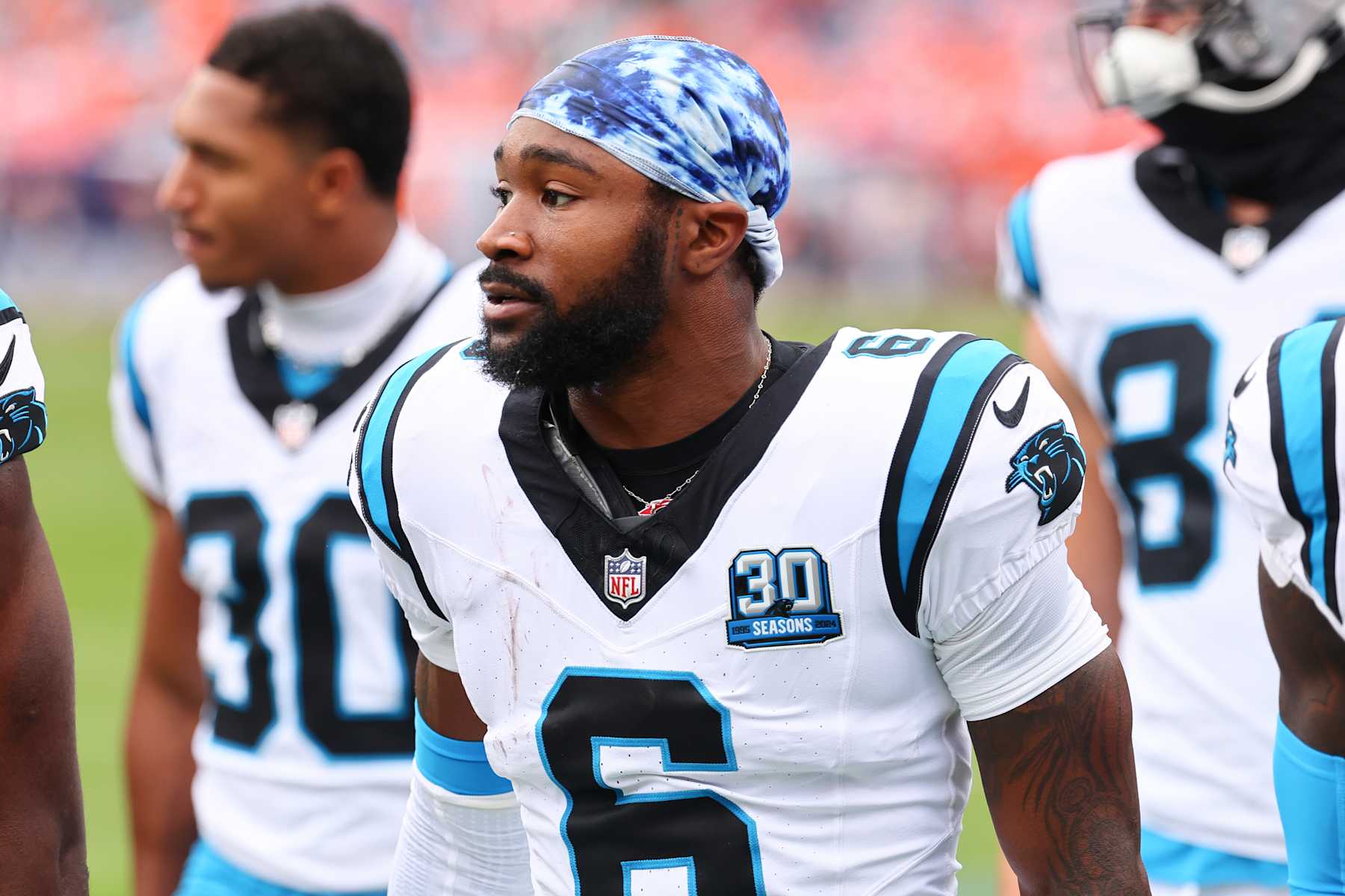 DENVER, COLORADO - OCTOBER 27: Miles Sanders #6 of the Carolina Panthers looks on before the game against the Denver Broncos at Empower Field At Mile High on October 27, 2024 in Denver, Colorado. The Broncos defeated the Panthers 28-14. (Photo by C. Morgan Engel/Getty Images)