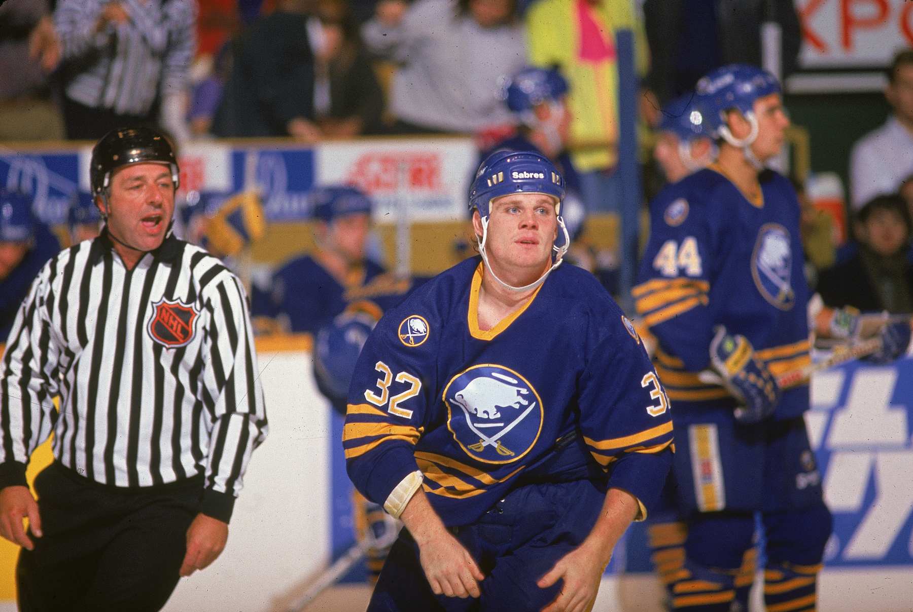 An official shouts at Canadian professional hockey player Rob Ray of the Buffalo Sabres after a fight, 1990s. (Photo by Bruce Bennett Studios via Getty Images Studios/Getty Images)