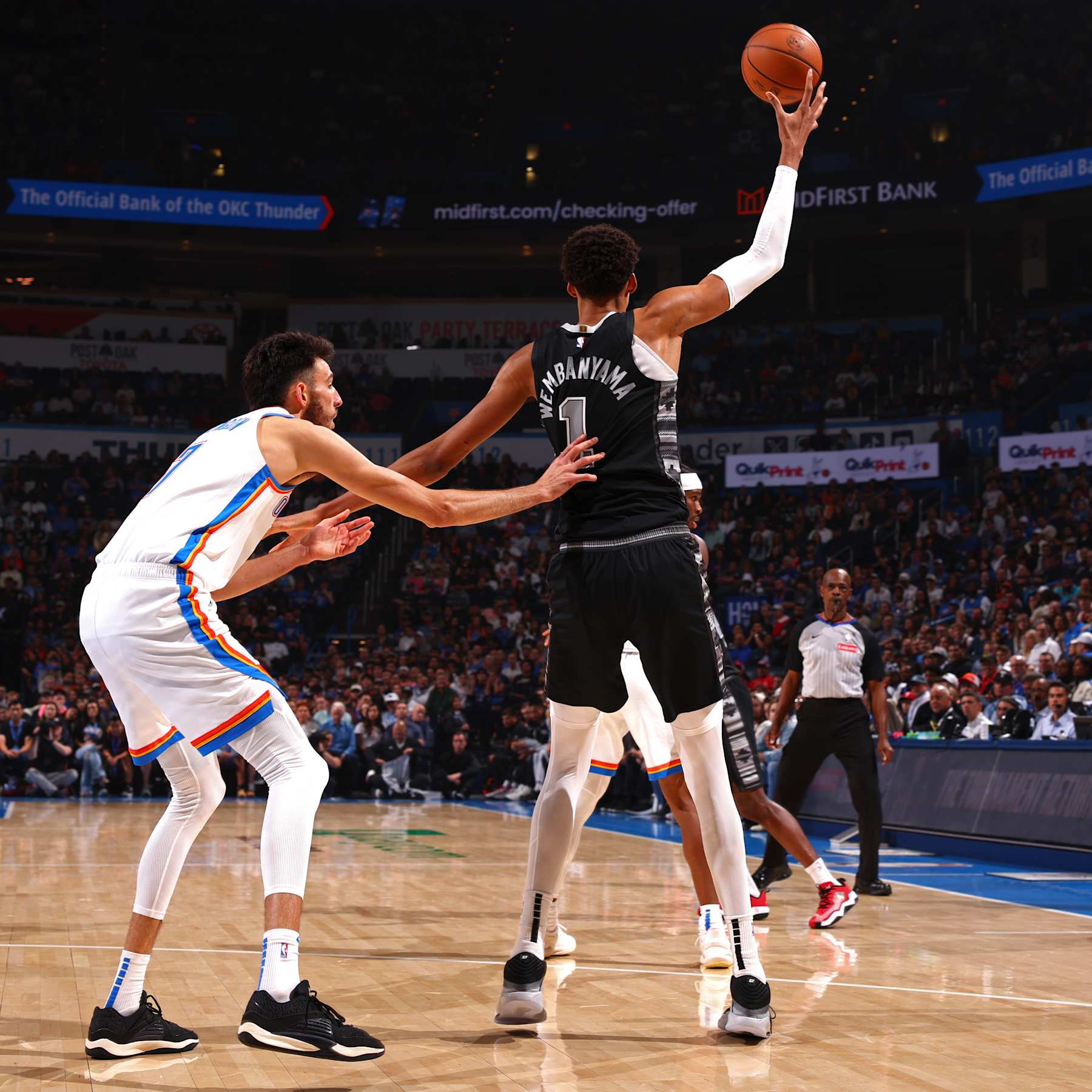 OKLAHOMA CITY, OK - OCTOBER 30: Victor Wembanyama #1 of the San Antonio Spurs handles the ball during the game against the Oklahoma City Thunder on October 30, 2024 at Paycom Arena in Oklahoma City, Oklahoma. NOTE TO USER: User expressly acknowledges and agrees that, by downloading and or using this photograph, User is consenting to the terms and conditions of the Getty Images License Agreement. Mandatory Copyright Notice: Copyright 2024 NBAE (Photo by Zach Beeker/NBAE via Getty Images)