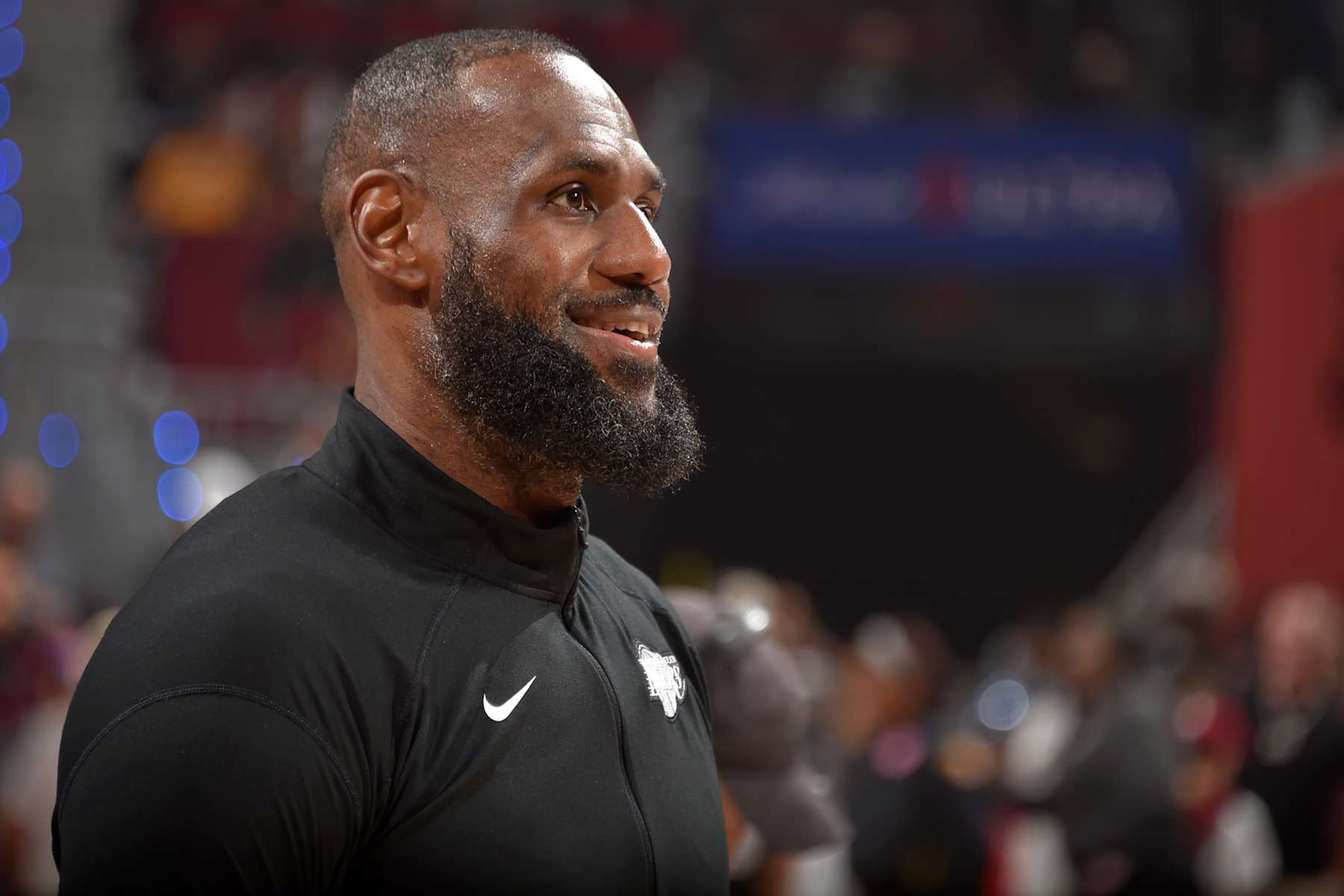 CLEVELAND, OH - OCTOBER 30: LeBron James #23 of the Los Angeles Lakers smiles before the game against the Cleveland Cavaliers on October 30, 2024 at Rocket Mortgage FieldHouse in Cleveland, Ohio. NOTE TO USER: User expressly acknowledges and agrees that, by downloading and/or using this Photograph, user is consenting to the terms and conditions of the Getty Images License Agreement. Mandatory Copyright Notice: Copyright 2024 NBAE (Photo by David Liam Kyle/NBAE via Getty Images) CLEVELAND, OH - OCTOBER 30: LeBron James #23 of the Los Angeles Lakers smiles before the game against the Cleveland Cavaliers on October 30, 2024 at Rocket Mortgage FieldHouse in Cleveland, Ohio. NOTE TO USER: User expressly acknowledges and agrees that, by downloading and/or using this Photograph, user is consenting to the terms and conditions of the Getty Images License Agreement. Mandatory Copyright Notice: Copyright 2024 NBAE (Photo by David Liam Kyle/NBAE via Getty Images)