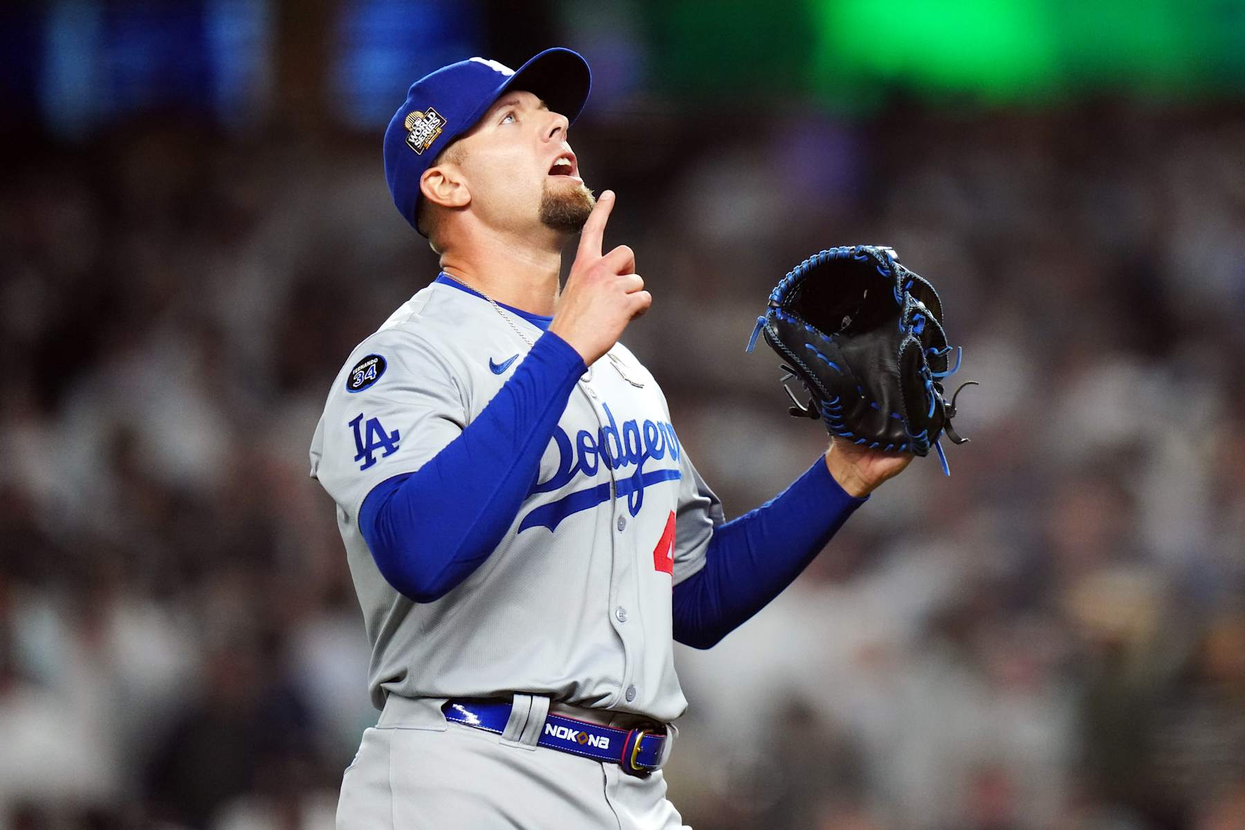 NEW YORK, NY - OCTOBER 30: Blake Treinen #49 of the Los Angeles Dodgers reacts in the sixth inning during Game 5 of the 2024 World Series presented by Capital One between the Los Angeles Dodgers and the New York Yankees at Yankee Stadium on Wednesday, October 30, 2024 in New York, New York. (Photo by Daniel Shirey/MLB Photos via Getty Images)