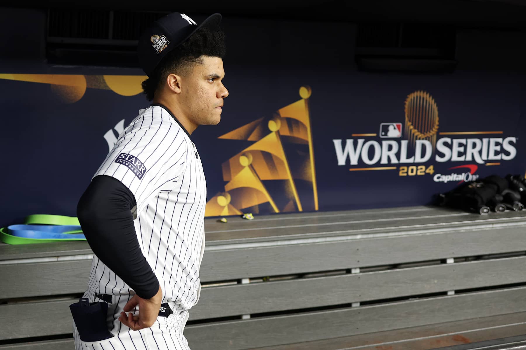 NEW YORK, NY - OCTOBER 28: Juan Soto #22 of the New York Yankees looks on from the dugout prior to Game 3 of the 2024 World Series presented by Capital One between the Los Angeles Dodgers and the New York Yankees at Yankee Stadium on Monday, October 28, 2024 in New York, New York. (Photo by Rob Tringali/MLB Photos via Getty Images)