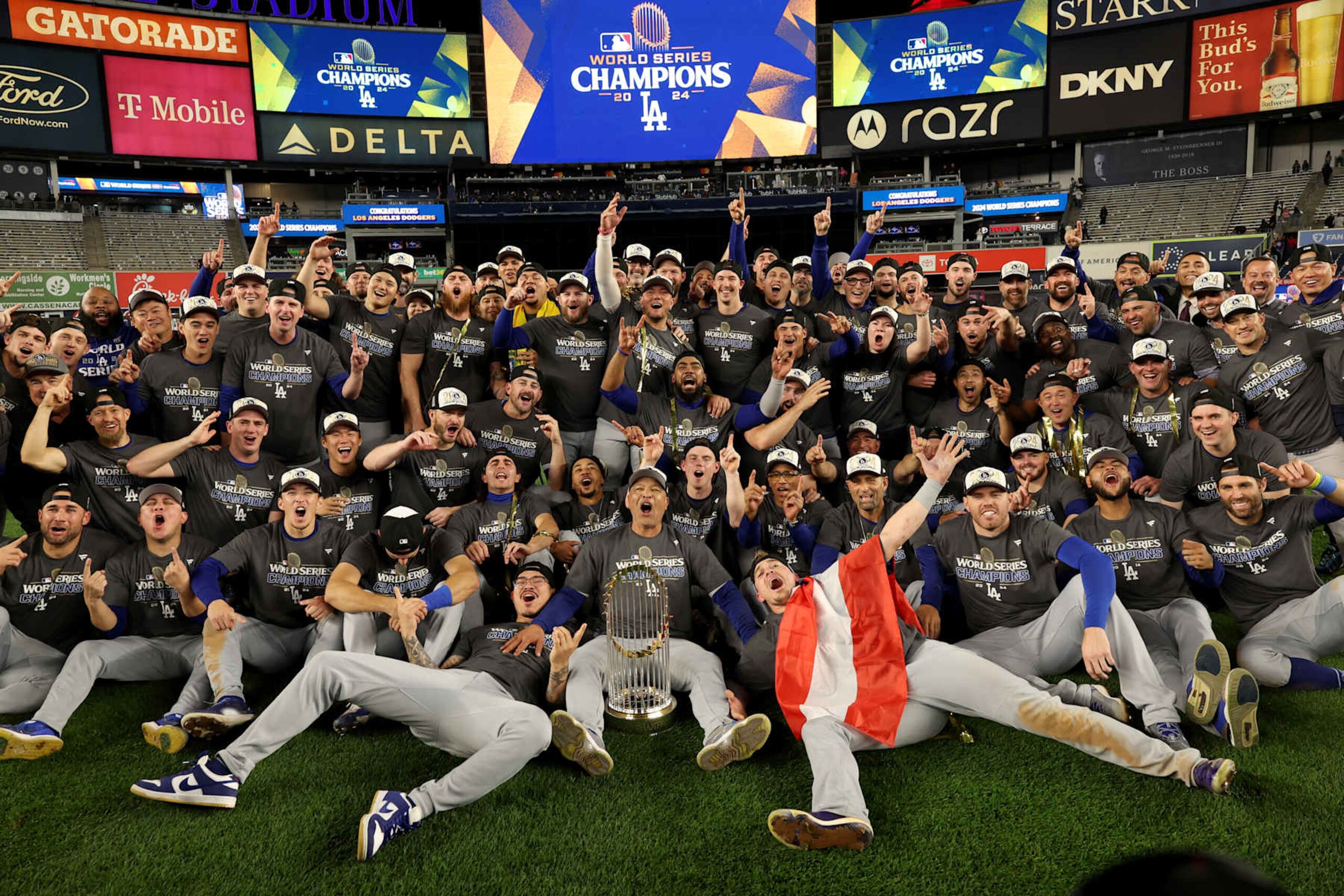 BRONX, NEW YORK - OCTOBER 30, 2024: The World Series champions. Game 5 of the World Series against the Yankees at Yankees Stadium in New York City Wednesday, October 30 2024. (Robert Gauthier/Los Angeles Times via Getty Images)