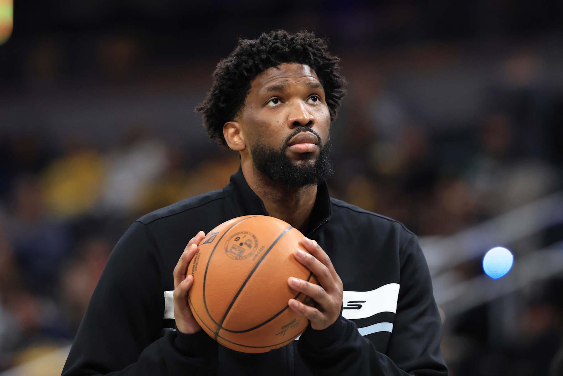 INDIANAPOLIS, INDIANA - OCTOBER 27: Joel Embiid #21 of the Philadelphia 76ers looks on in the game against the Indiana Pacers at Gainbridge Fieldhouse on October 27, 2024 in Indianapolis, Indiana. NOTE TO USER: User expressly acknowledges and agrees that, by downloading and or using this photograph, User is consenting to the terms and conditions of the Getty Images License Agreement. (Photo by Justin Casterline/Getty Images)