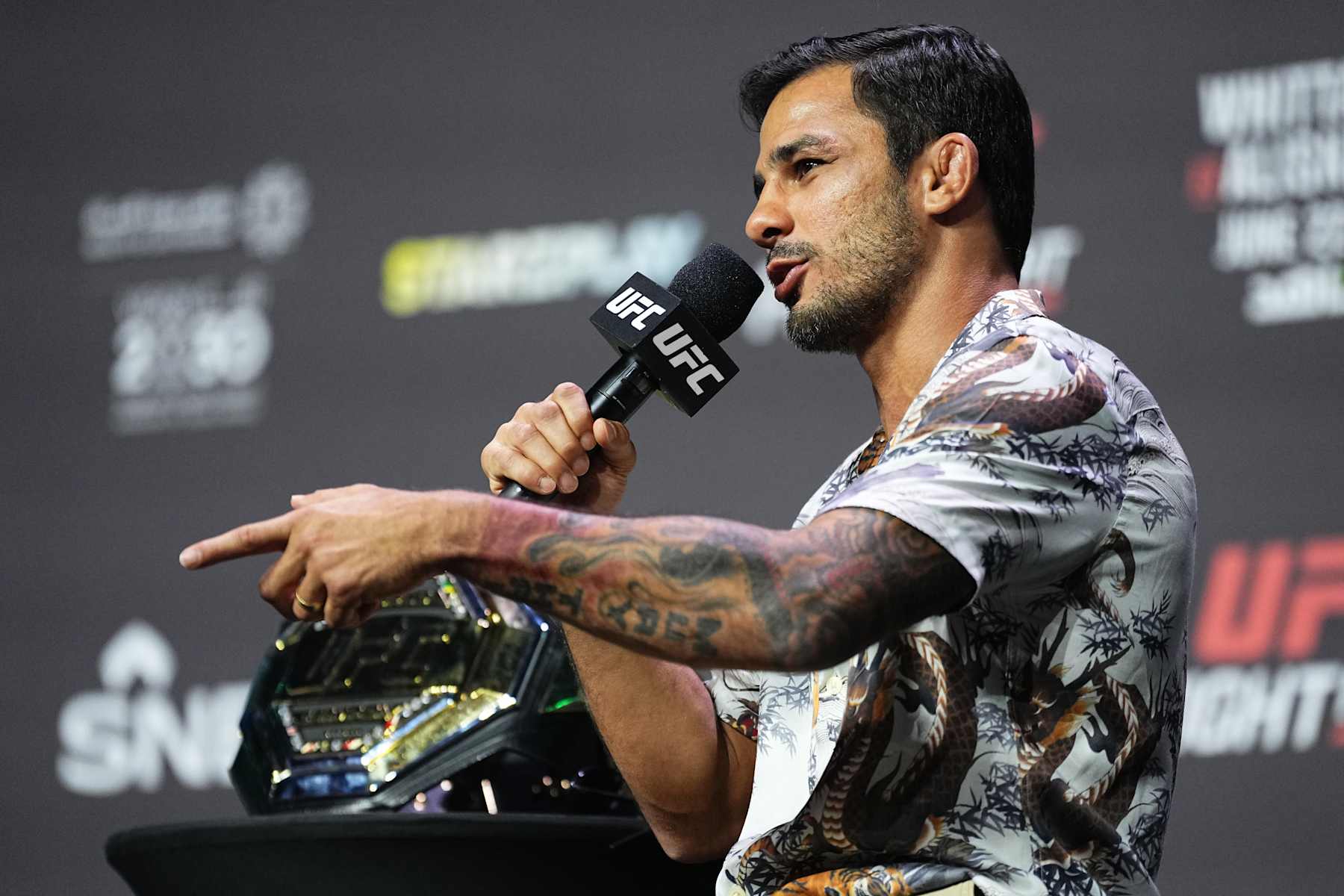 RIYADH, SAUDI ARABIA - JUNE 21: UFC flyweight champion Alexandre Pantoja interacts with fans during a Q&A session after the UFC Fight Night ceremonial weigh-in at Kingdom Arena on June 21, 2024 in Riyadh, Saudi Arabia. (Photo by Jeff Bottari/Zuffa LLC via Getty Images)