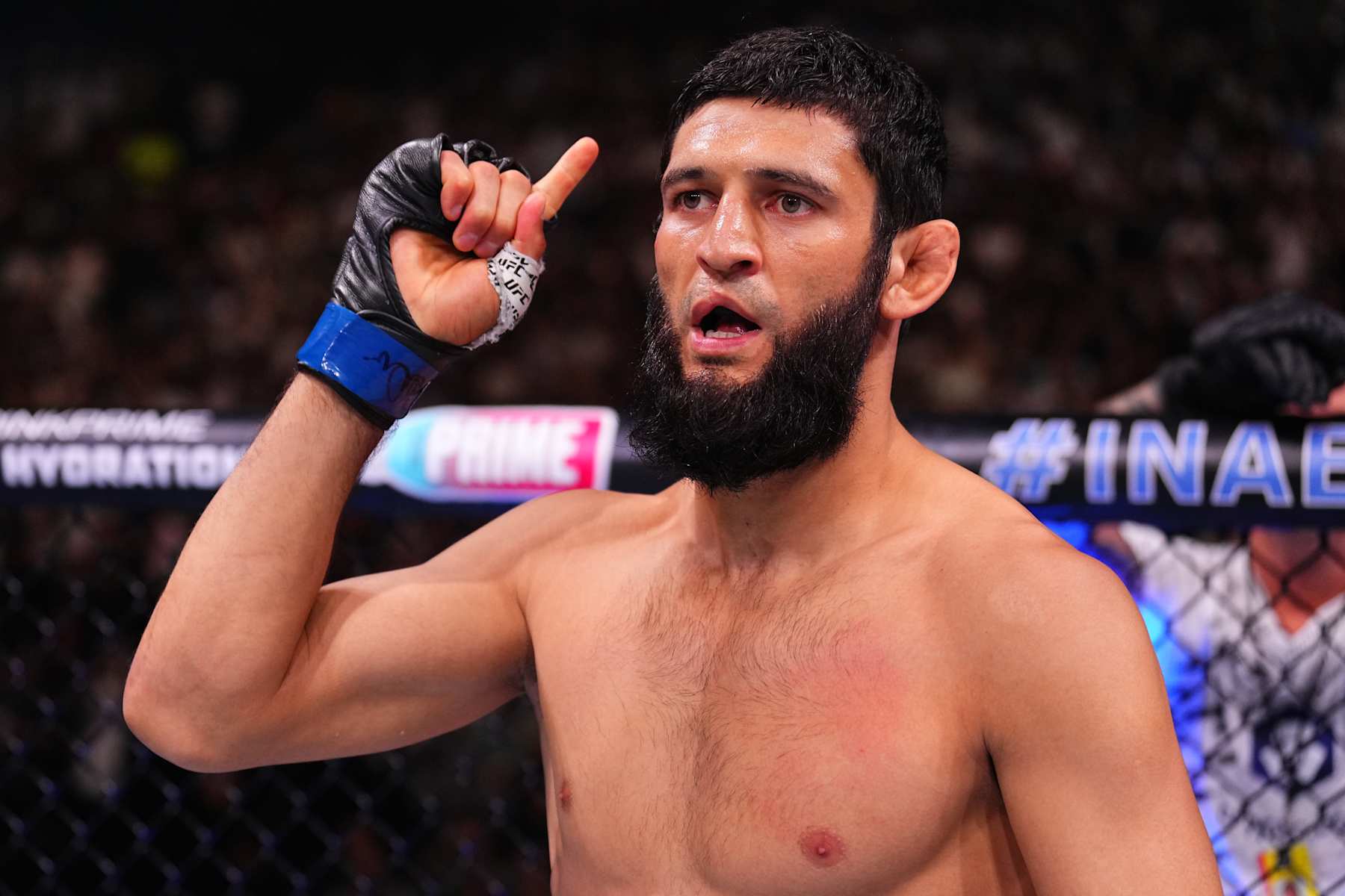 ABU DHABI, UNITED ARAB EMIRATES - OCTOBER 26: Khamzat Chimaev of Russia prepares to face Robert Whittaker of New Zealand in a middleweight fight during the UFC 308 event at Etihad Arena on October 26, 2024 in Abu Dhabi, United Arab Emirates. (Photo by Chris Unger/Zuffa LLC)