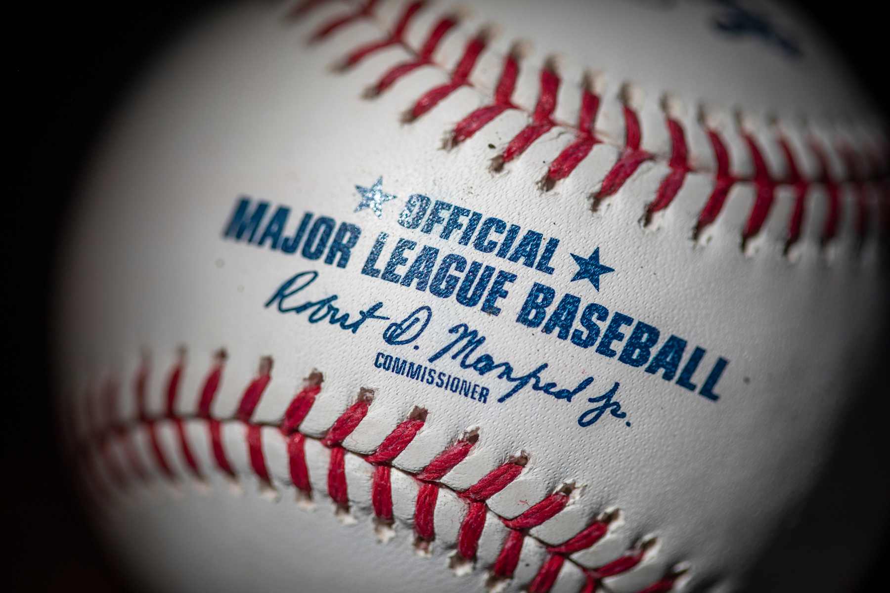 MAY 19: An official Rawlings Major League Baseball for the 2020 Major League Baseball season showing the red stitching and markings and the signature of MLB commissioner Rob Manfred on the19th May 2020 (Photo by Tim Clayton/Corbis via Getty Images)