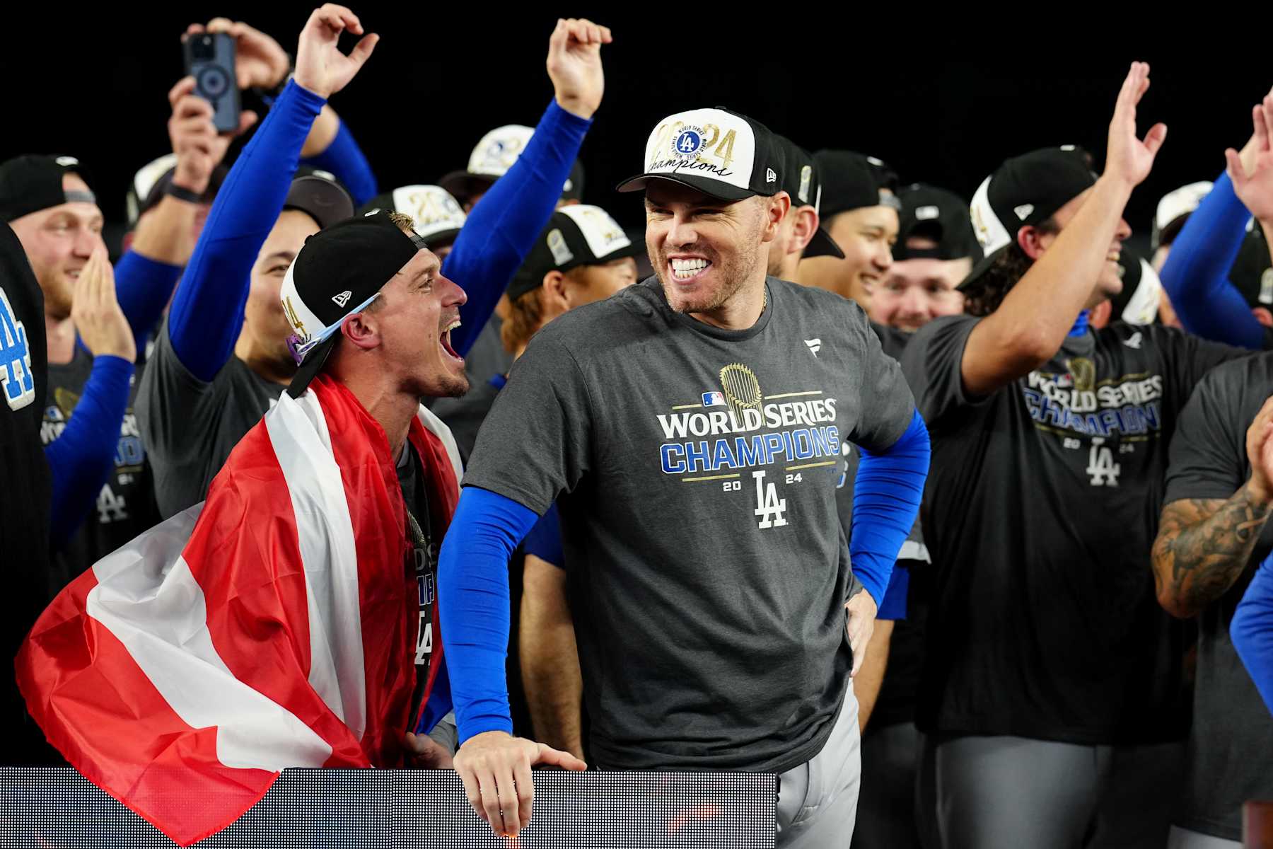 NEW YORK, NY - OCTOBER 30:  Freddie Freeman #5 of the Los Angeles Dodgers reacts to being announce the 2024 Willie Mays World Series MVP after the Dodgers defeated the New York Yankees in  Game 5 to clinch the 2024 World Series presented by Capital One at Yankee Stadium on Wednesday, October 30, 2024 in New York, New York. (Photo by Mary DeCicco/MLB Photos via Getty Images)