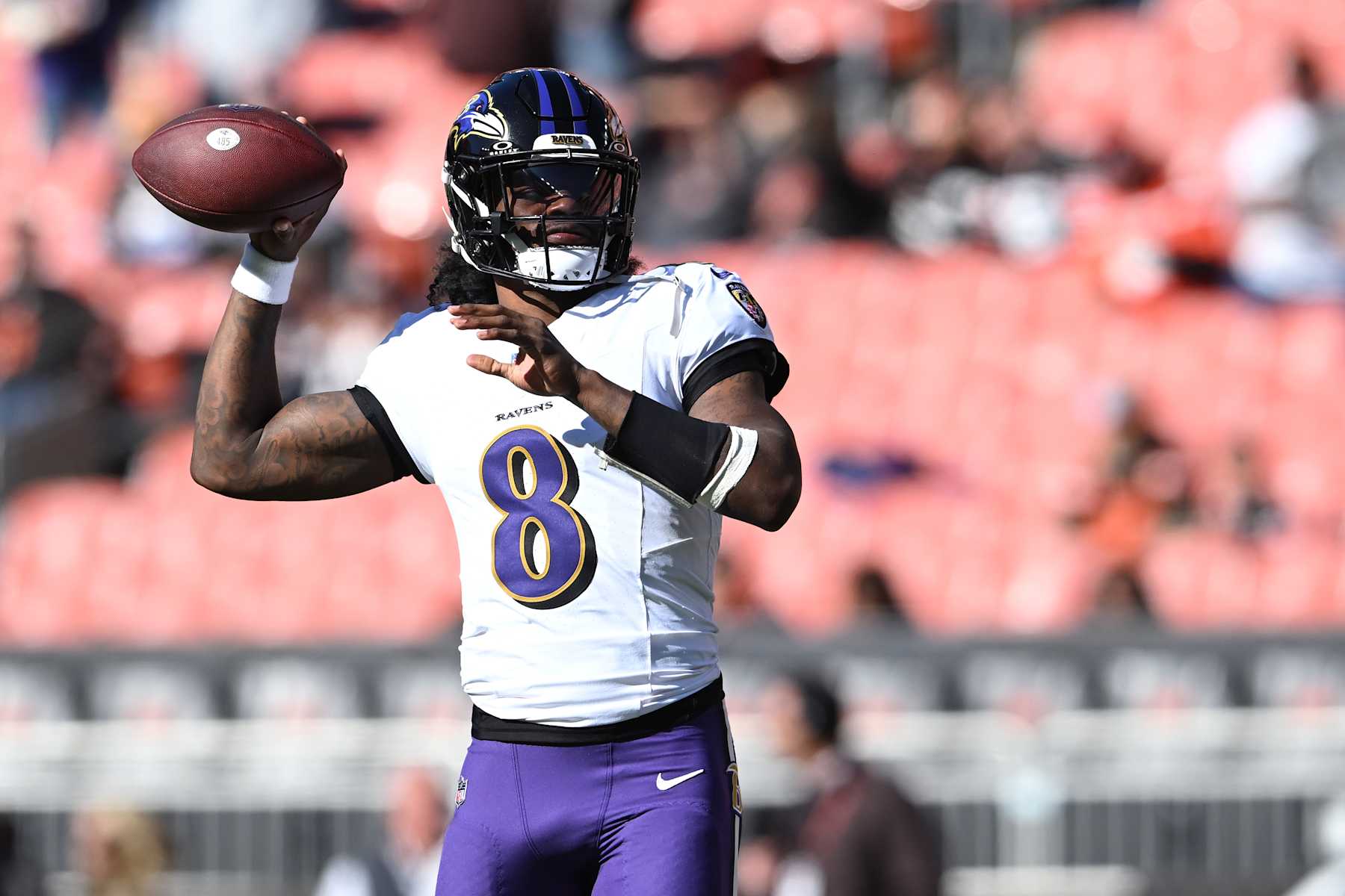 CLEVELAND, OHIO - OCTOBER 27: Lamar Jackson #8 of the Baltimore Ravens warms up prior to a game against the Cleveland Browns at Huntington Bank Field on October 27, 2024 in Cleveland, Ohio. (Photo by Nick Cammett/Getty Images)