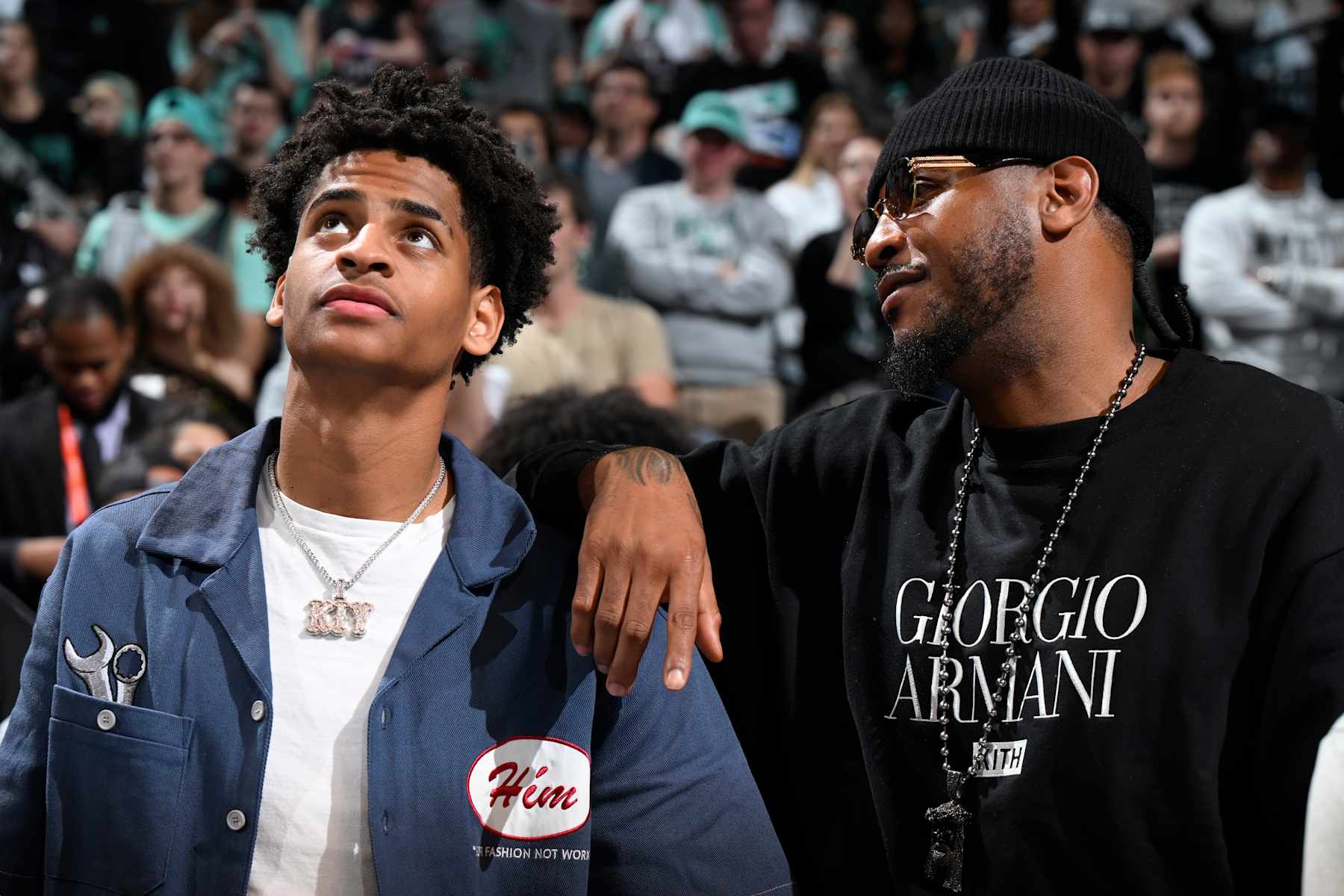BROOKLYN, NY - OCTOBER 20: Kiyan Anthony and Carmelo Anthony smile during the game between the Minnesota Lynx and the New York Liberty during Game 5 of the WNBA Finals on October 20, 2024 in Brooklyn, New York. NOTE TO USER: User expressly acknowledges and agrees that, by downloading and or using this photograph, user is consenting to the terms and conditions of the Getty Images License Agreement. Mandatory Copyright Notice: Copyright 2024 NBAE (Photo by David Dow/NBAE via Getty Images)