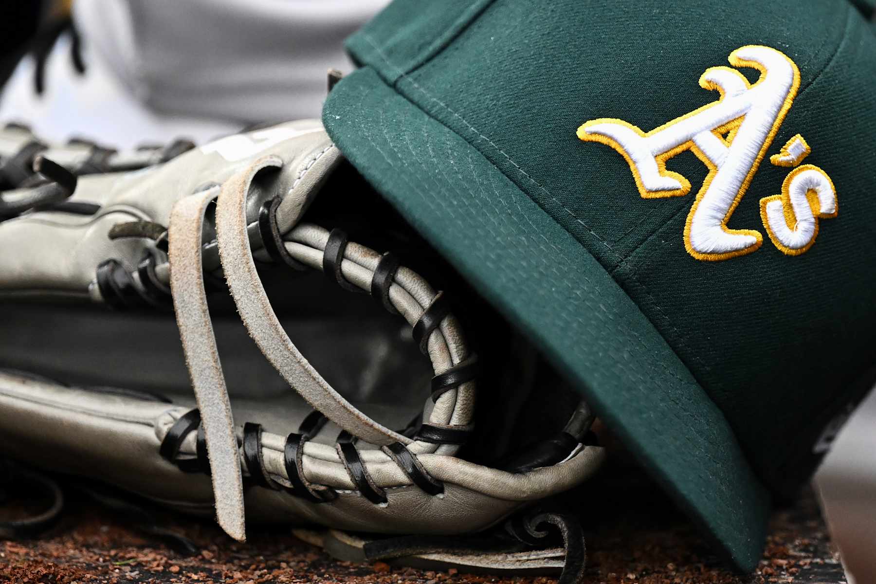 BALTIMORE, MARYLAND - APRIL 27, 2024: A closeup view of an Oakland Athletics hat during the fifth inning against the Baltimore Orioles at Oriole Park at Camden Yards on April 27, 2024 in Baltimore, Maryland. (Photo by Chris Bernacchi/Diamond Images via Getty Images)