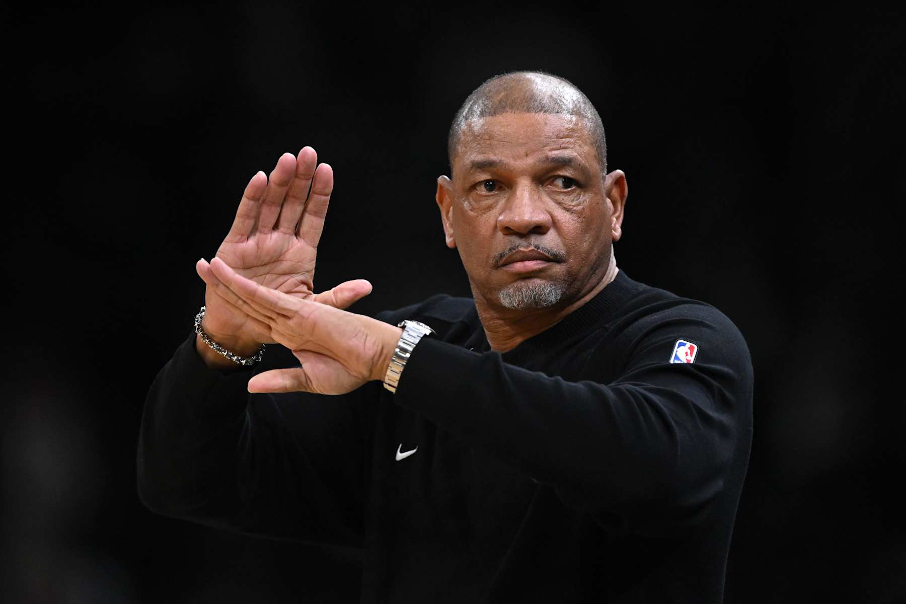 BOSTON, MASSACHUSETTS - OCTOBER 28: Doc Rivers of the Milwaukee Bucks signals during the first half of a game against the Boston Celtics at the TD Garden on October 28, 2024 in Boston, Massachusetts. NOTE TO USER: User expressly acknowledges and agrees that, by downloading and or using this photograph, User is consenting to the terms and conditions of the Getty Images License Agreement. (Photo by Brian Fluharty/Getty Images)