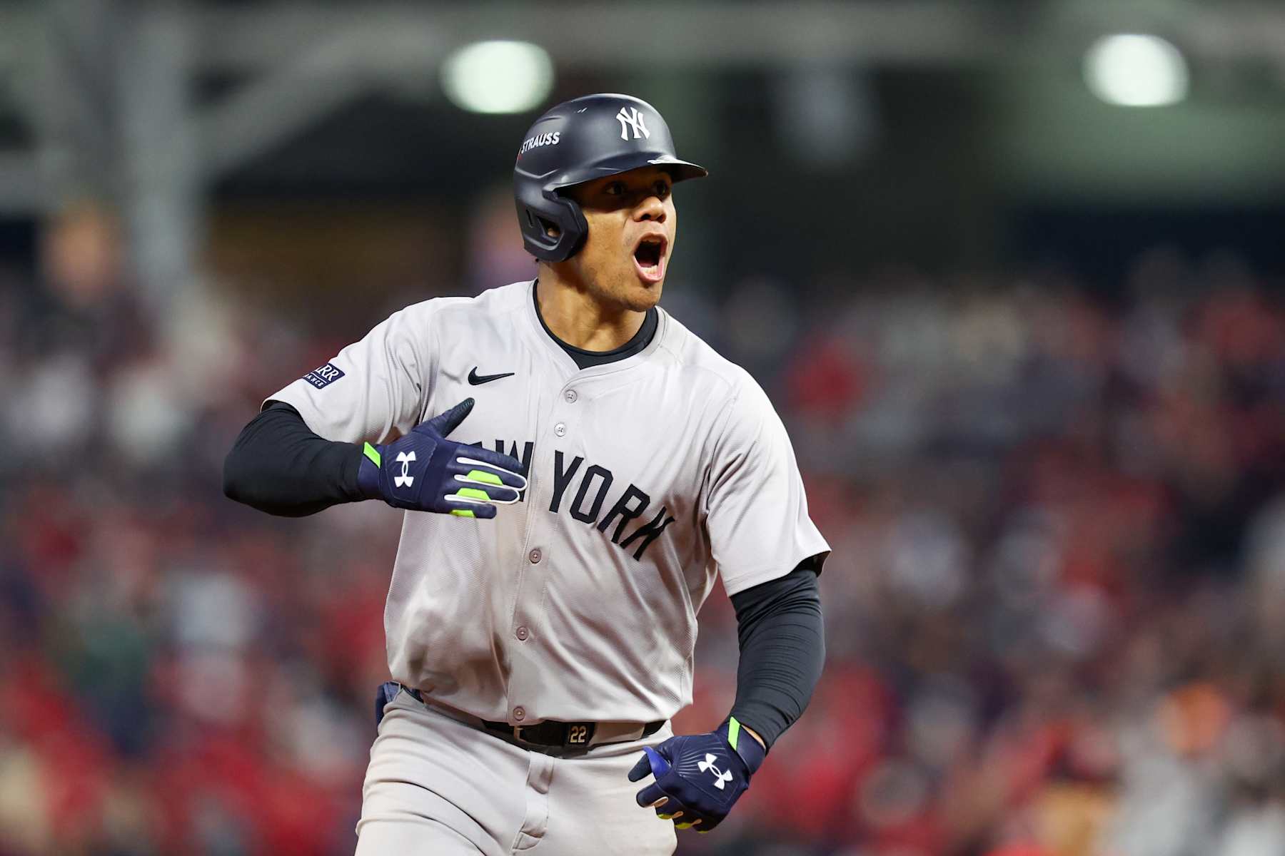CLEVELAND, OH - OCTOBER 19: Juan Soto #22 of the New York Yankees celebrates as he rounds the bases after hitting a three-run home run in the 10th inning during Game 5 of the ALCS presented by loanDepot between the New York Yankees and the Cleveland Guardians at Progressive Field on Saturday, October 19, 2024 in Cleveland, Ohio. (Photo by Lauren Leigh Bacho/MLB Photos via Getty Images)