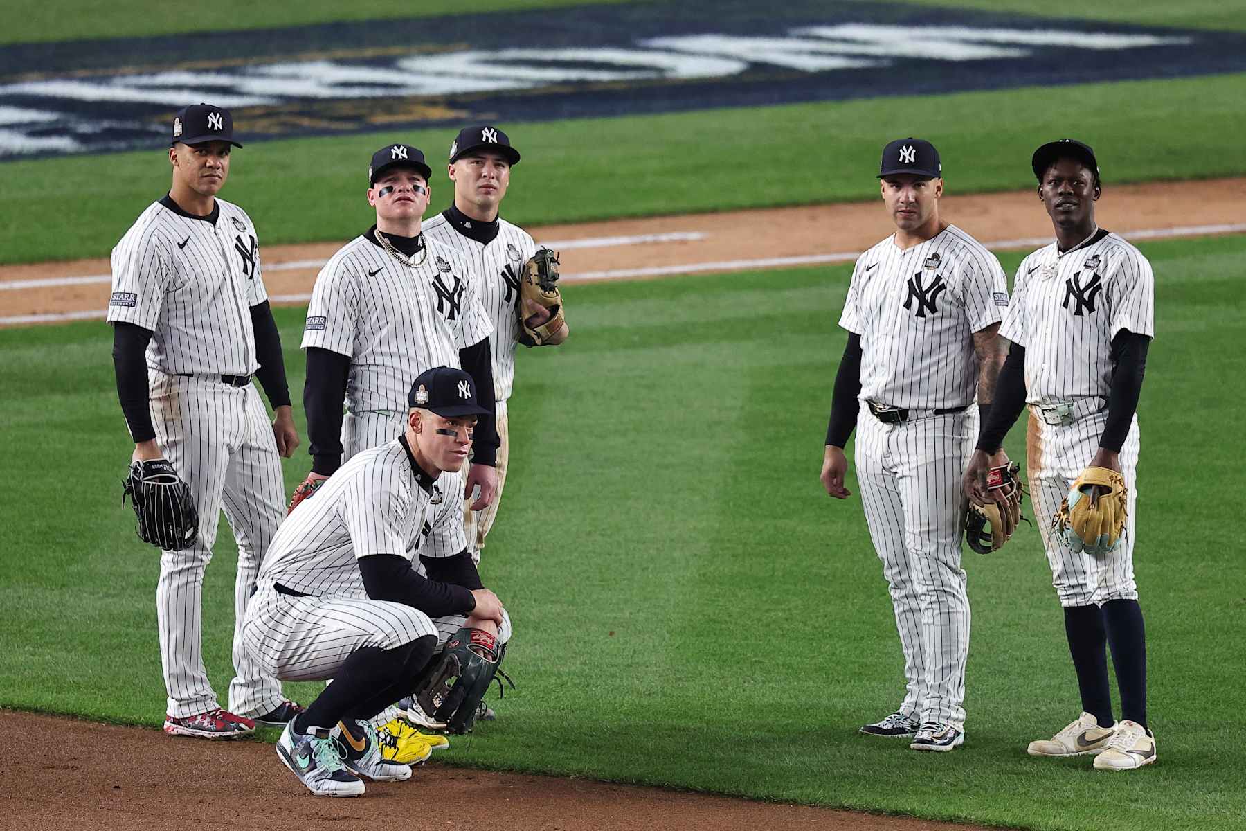 NEW YORK, NY - OCTOBER 29: Juan Soto #22, Alex Verdugo #24, Aaron Judge #99, Anthony Volpe #11, Gleyber Torres #25 and Jazz Chisholm Jr. #13 of the New York Yankees look on in the fourth inning during Game 4 of the 2024 World Series presented by Capital One between the Los Angeles Dodgers and the New York Yankees at Yankee Stadium on Tuesday, October 29, 2024 in New York, New York. (Photo by Dustin Satloff/MLB Photos via Getty Images)