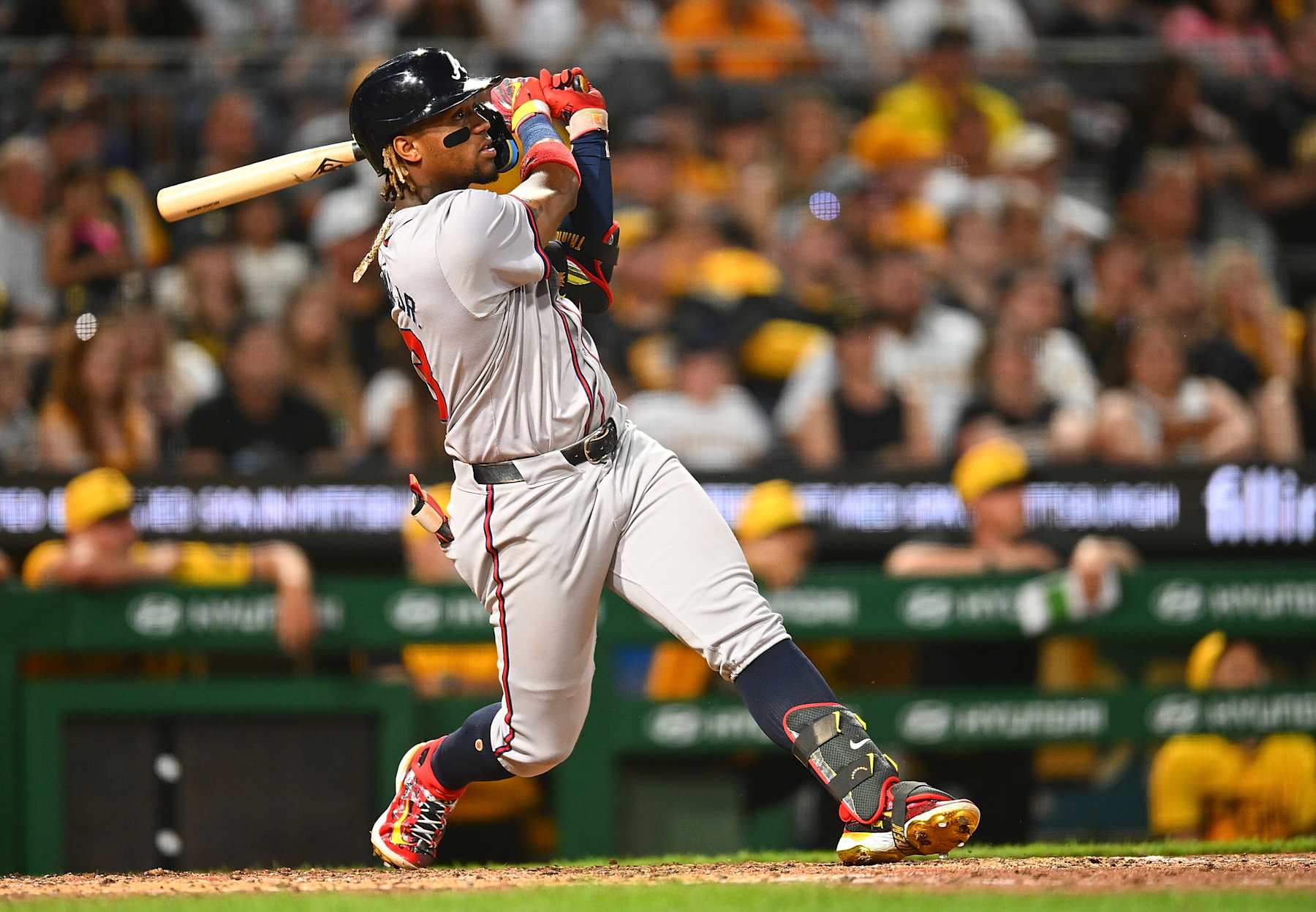 PITTSBURGH, PENNSYLVANIA - MAY 24: Ronald Acuña Jr. #13 of the Atlanta Braves hits a three-run home run during the eighth inning against the Pittsburgh Pirates at PNC Park on May 24, 2024 in Pittsburgh, Pennsylvania. (Photo by Joe Sargent/Getty Images)