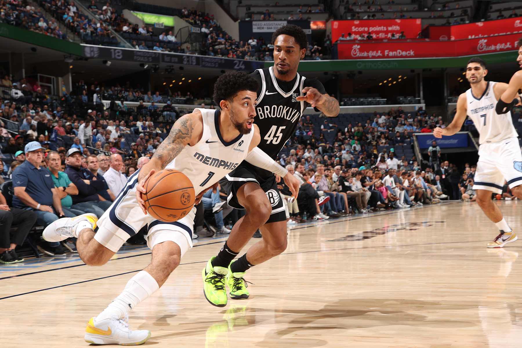 MEMPHIS, TN - OCTOBER 30: Scotty Pippen Jr. #1 of the Memphis Grizzlies dribbles the ball during the game against the Brooklyn Nets on October 30, 2024 at FedExForum in Memphis, Tennessee. NOTE TO USER: User expressly acknowledges and agrees that, by downloading and or using this photograph, User is consenting to the terms and conditions of the Getty Images License Agreement. Mandatory Copyright Notice: Copyright 2024 NBAE (Photo by Joe Murphy/NBAE via Getty Images)