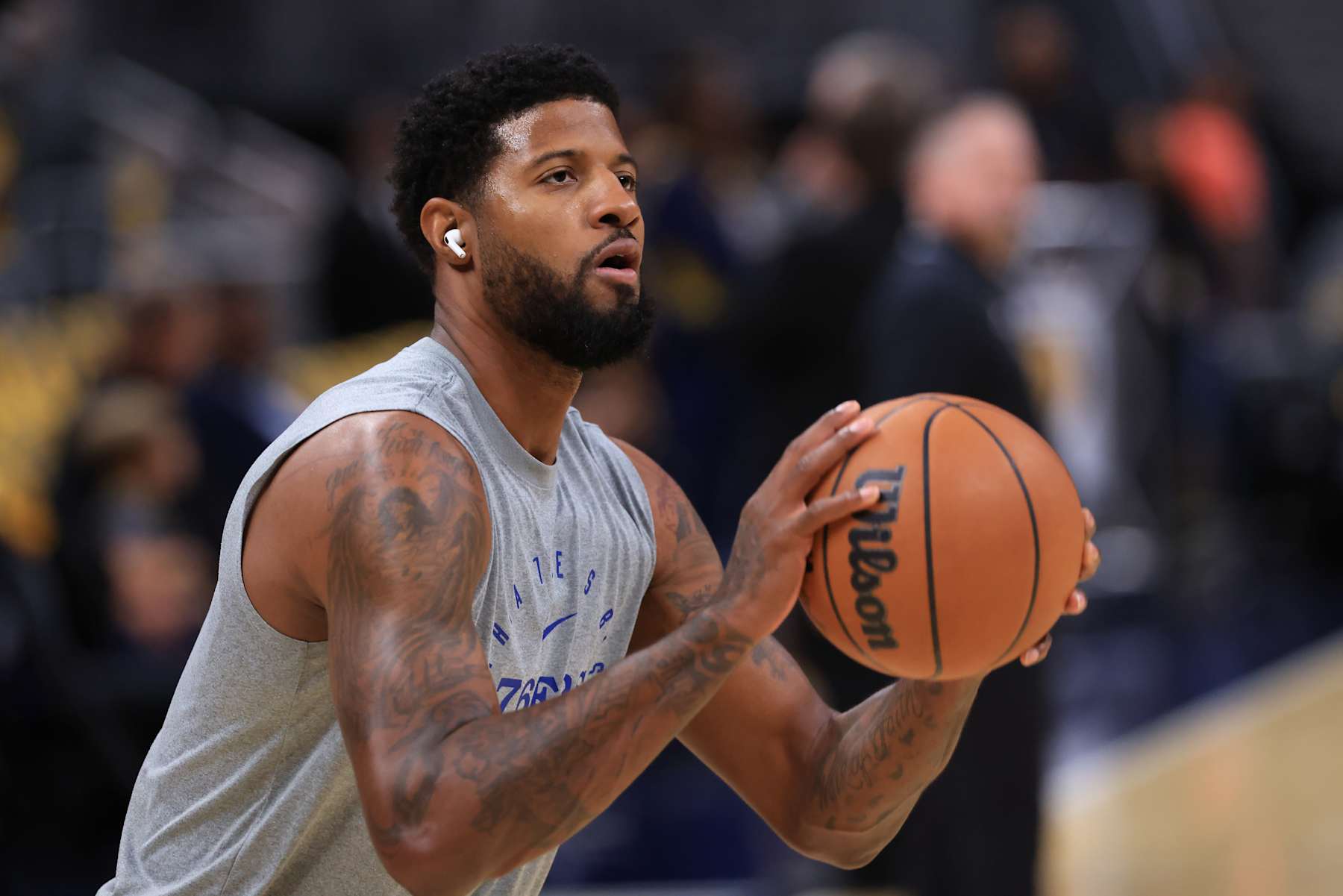 INDIANAPOLIS, INDIANA - OCTOBER 27: Paul George #8 of the Philadelphia 76ers warms up prior to the game against the Indiana Pacers at Gainbridge Fieldhouse on October 27, 2024 in Indianapolis, Indiana. NOTE TO USER: User expressly acknowledges and agrees that, by downloading and or using this photograph, User is consenting to the terms and conditions of the Getty Images License Agreement. (Photo by Justin Casterline/Getty Images)