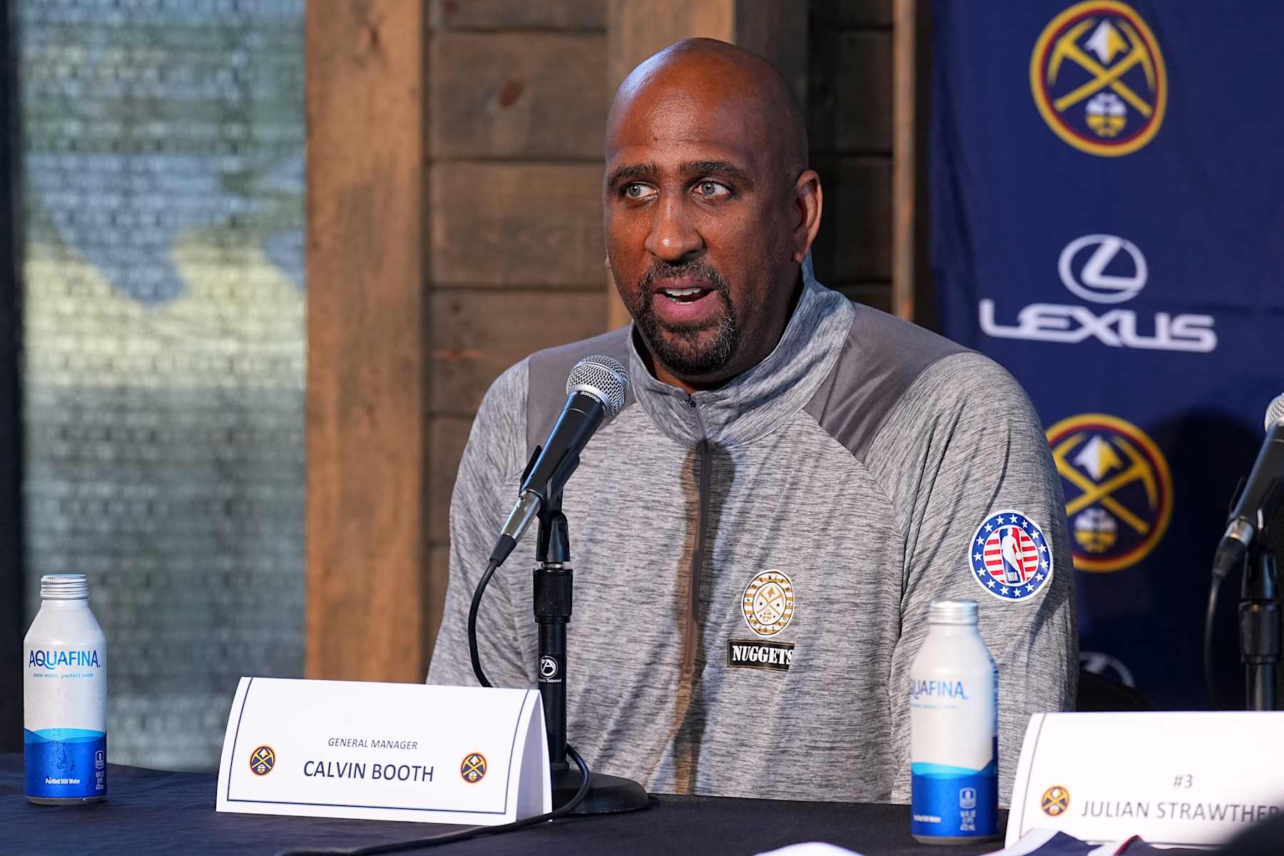 DENVER, CO - JUNE 26: General Manager Calvin Booth of the Denver Nuggets talks to the press on June 26, 2023 at Ball Arena in Denver, Colorado. NOTE TO USER: User expressly acknowledges and agrees that, by downloading and/or using this Photograph, user is consenting to the terms and conditions of the Getty Images License Agreement. Mandatory Copyright Notice: Copyright 2023 NBAE (Photo by Garrett Ellwood/NBAE via Getty Images)