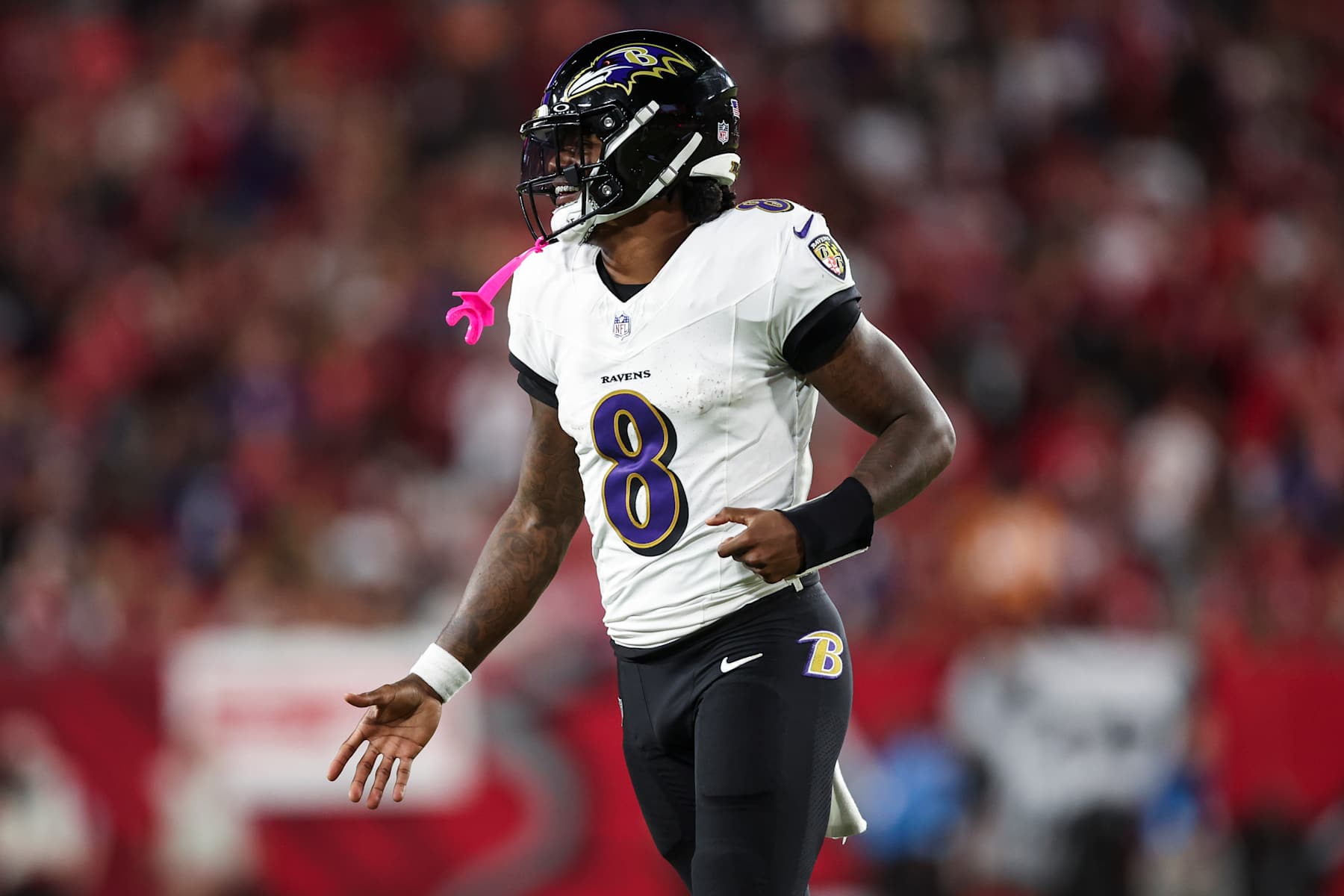 TAMPA, FLORIDA - OCTOBER 21: Lamar Jackson #8 of the Baltimore Ravens celebrates during an NFL football game against the Tampa Bay Buccaneers at Raymond James Stadium on October 21, 2024 in Tampa, Florida. (Photo by Perry Knotts/Getty Images)