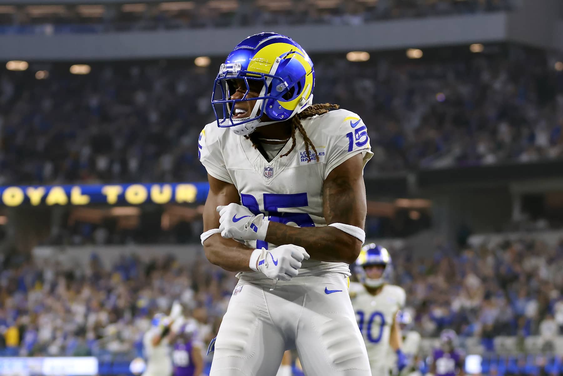 INGLEWOOD, CALIFORNIA - OCTOBER 24: Demarcus Robinson #15 of the Los Angeles Rams celebrates his touchdown during the third quarter against the Minnesota Vikings at SoFi Stadium on October 24, 2024 in Inglewood, California. (Photo by Katelyn Mulcahy/Getty Images)
