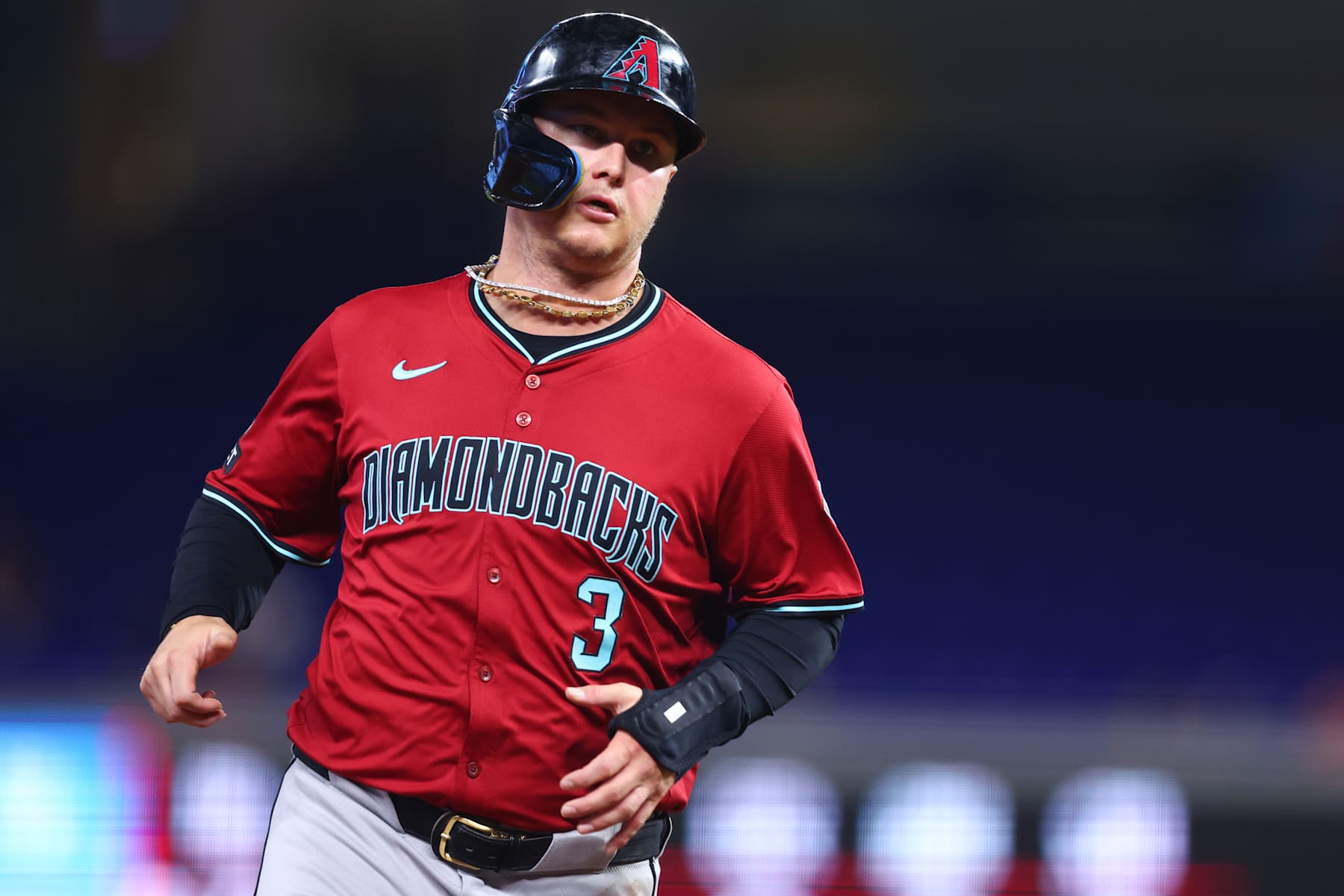 MIAMI, FLORIDA - AUGUST 20: Joc Pederson #3 of the Arizona Diamondbacks runs to third base against the Miami Marlins during the first inning of the game at loanDepot park on August 20, 2024 in Miami, Florida. (Photo by Megan Briggs/Getty Images)