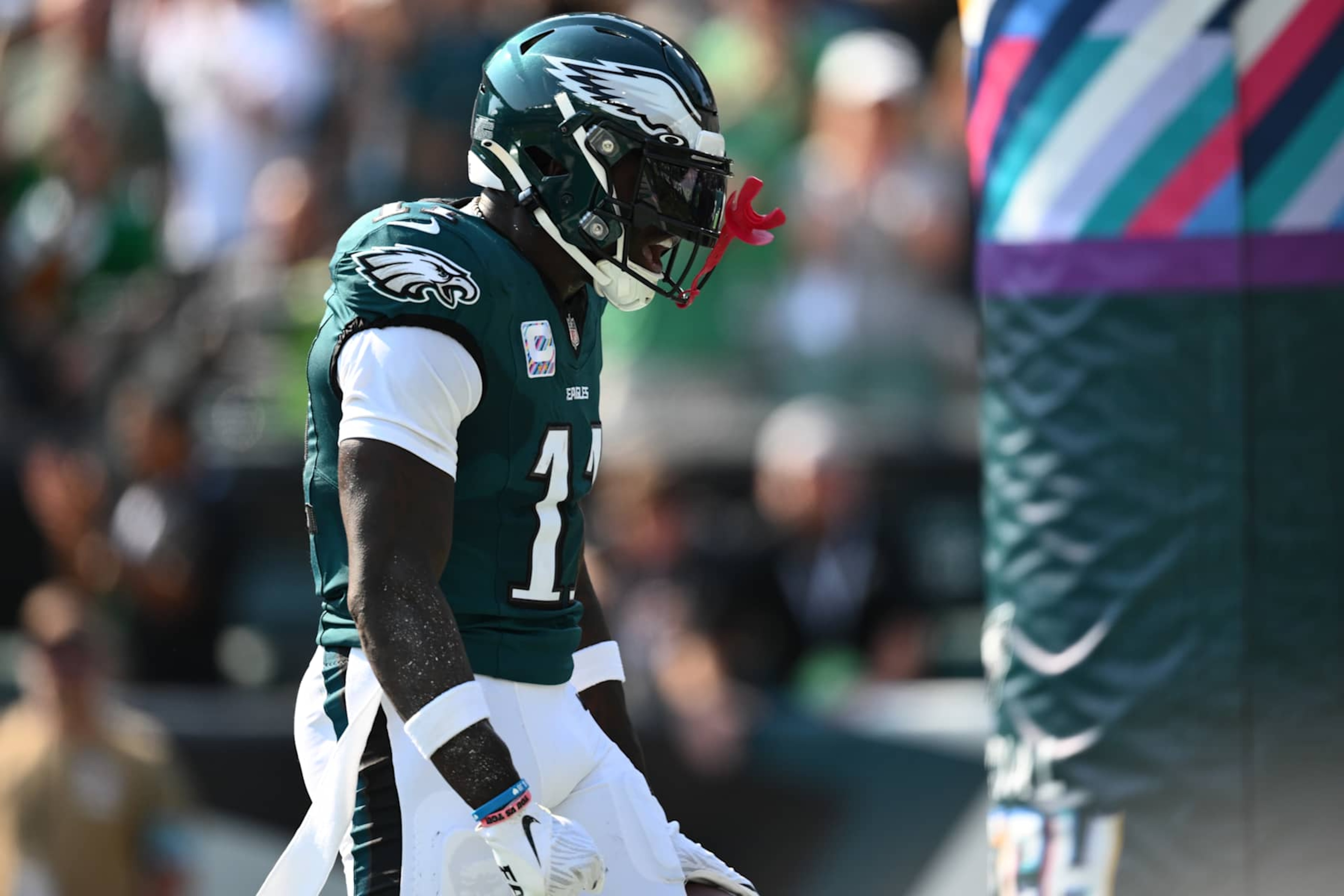 PHILADELPHIA, PA - OCTOBER 13: Philadelphia Eagles wide receiver A.J. Brown (11) reacts after scoring a touchdown in the second quarter during the game between the Cleveland Browns and Philadelphia Eagles on October 13, 2024 at Lincoln Financial Field in Philadelphia, PA. (Photo by Kyle Ross/Icon Sportswire via Getty Images) PHILADELPHIA, PA - OCTOBER 13: Philadelphia Eagles wide receiver A.J. Brown (11) reacts after scoring a touchdown in the second quarter during the game between the Cleveland Browns and Philadelphia Eagles on October 13, 2024 at Lincoln Financial Field in Philadelphia, PA. (Photo by Kyle Ross/Icon Sportswire via Getty Images)