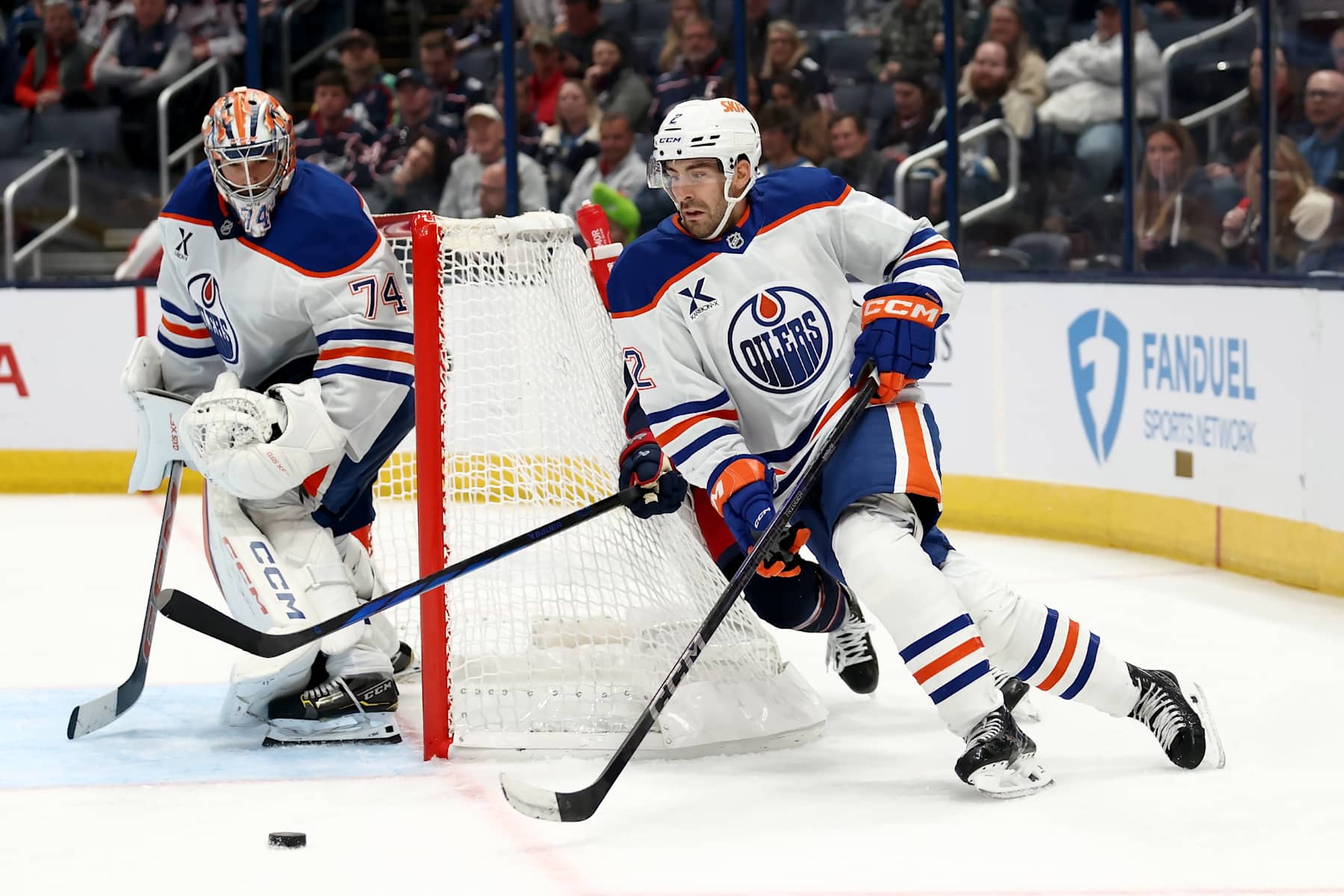 COLUMBUS, OHIO - OCTOBER 28: Evan Bouchard #2 of the Edmonton Oilers controls the puck during the game against the Columbus Blue Jackets at Nationwide Arena on October 28, 2024 in Columbus, Ohio. Columbus defeated Edmonton 6-1. (Photo by Kirk Irwin/NHLI via Getty Images)