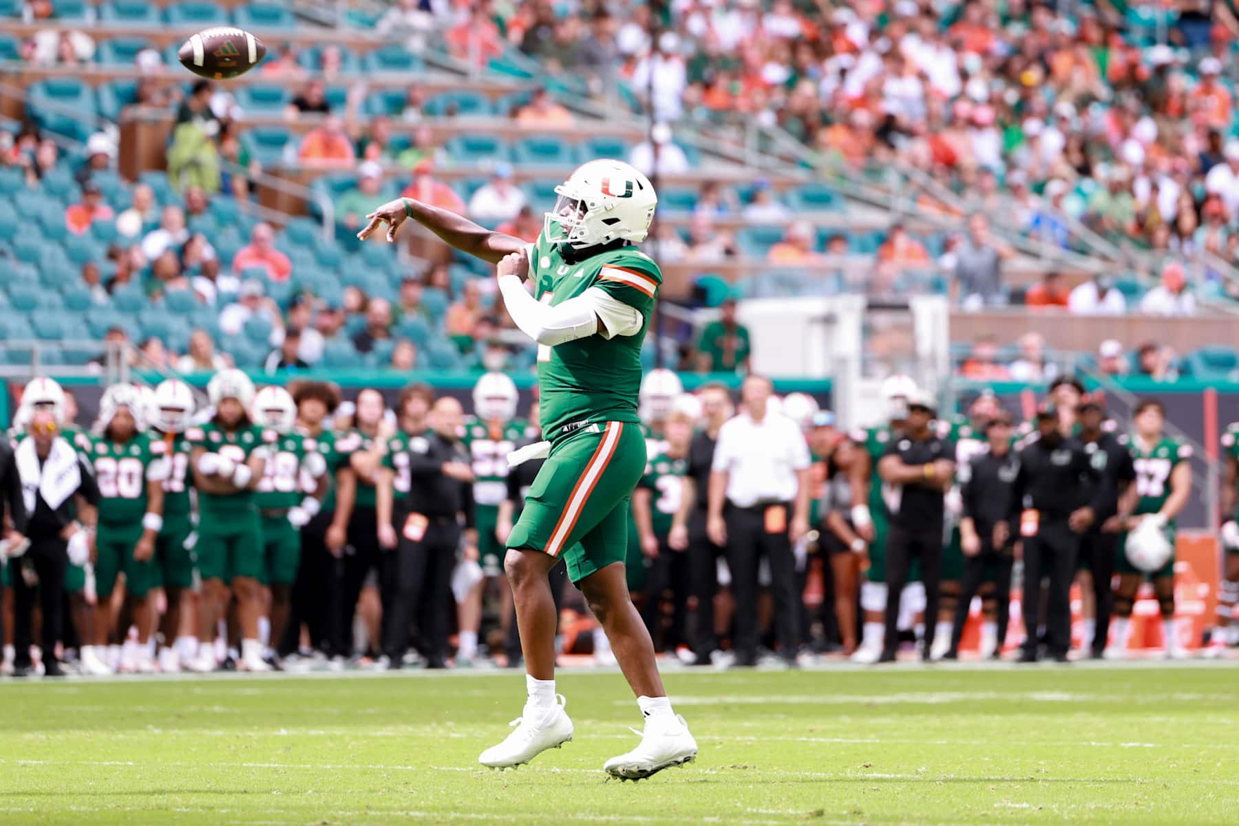 MIAMI GARDENS, FLORIDA - NOVEMBER 02: Cam Ward #1 of the Miami Hurricanes throws a touchdown pass against the Duke Blue Devils during the first half at Hard Rock Stadium on November 02, 2024 in Miami Gardens, Florida. (Photo by Carmen Mandato/Getty Images)