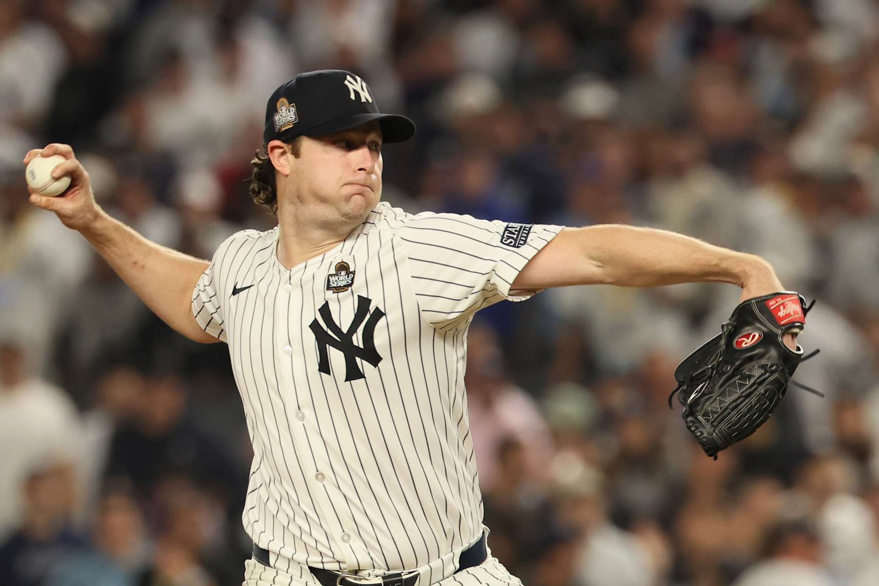 BRONX, NEW YORK - OCTOBER 30, 2024: New York Yankees pitcher Gerrit Cole (45) pitches in the sixth inning. Game 5 of the World Series against the Yankees at Yankees Stadium in New York City Wednesday, October 30 2024. (Robert Gauthier/Los Angeles Times via Getty Images)