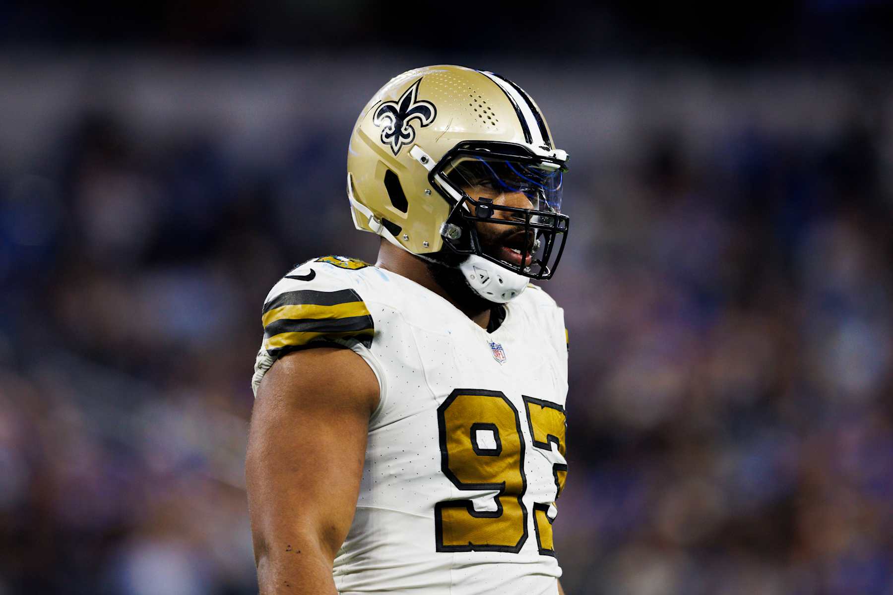 INGLEWOOD, CALIFORNIA - DECEMBER 21: Nathan Shepherd #93 of the New Orleans Saints on the sideline during a game against the Los Angeles Rams at SoFi Stadium on December 21, 2023 in Inglewood, California. (Photo by Ric Tapia/Getty Images)