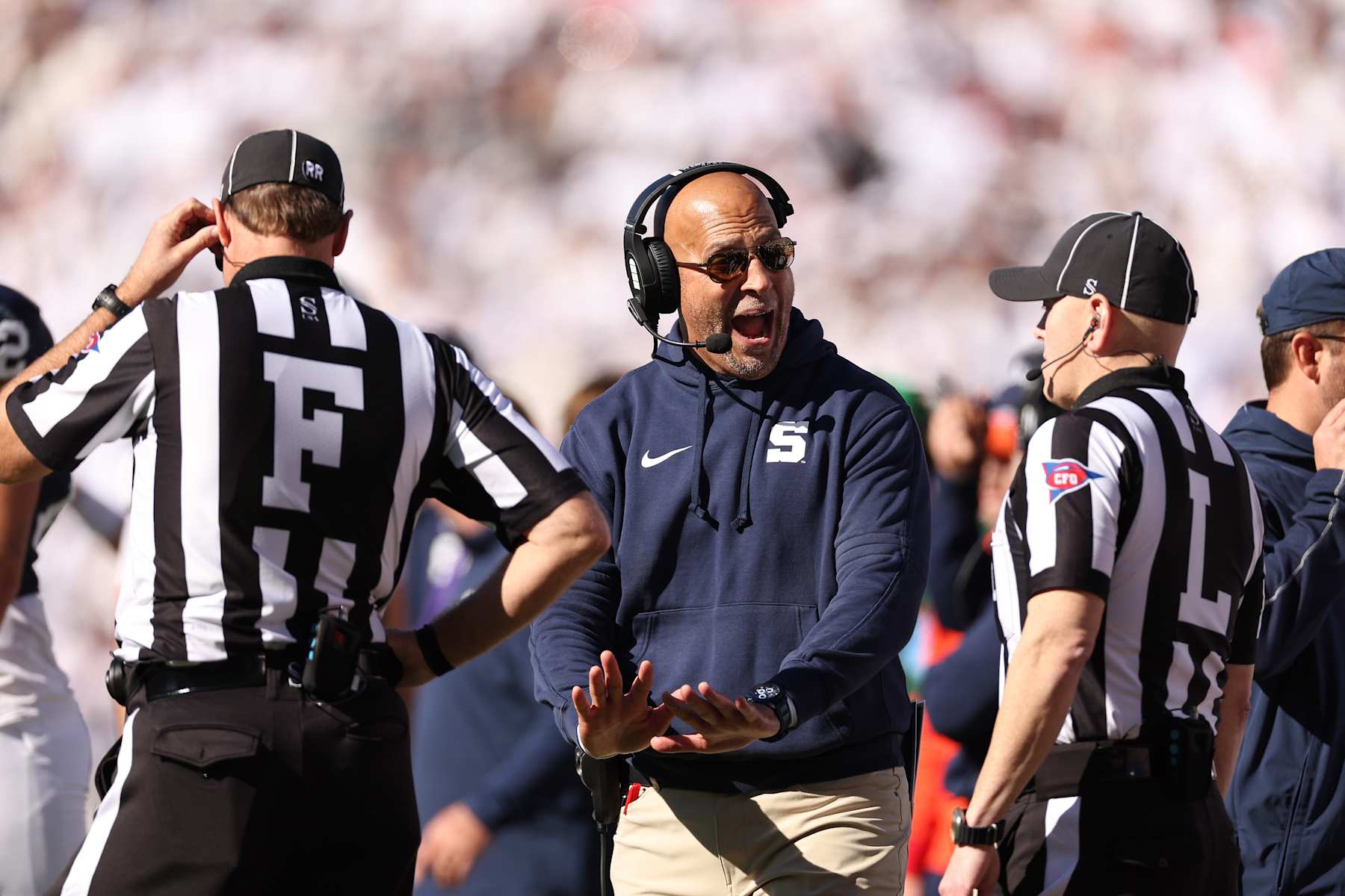 STATE COLLEGE, PENNSYLVANIA - NOVEMBER 02: Head coach James Franklin of the Penn State Nittany Lions argues with officials during the second quarter against the Ohio State Buckeyes at Beaver Stadium on November 02, 2024 in State College, Pennsylvania. (Photo by Scott Taetsch/Getty Images)