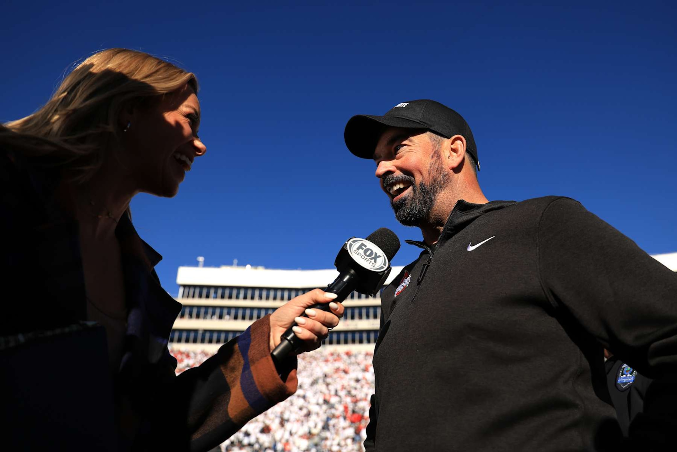 STATE COLLEGE, PENNSYLVANIA - NOVEMBER 02: Head coach Ryan Day of the Ohio State Buckeyes is interviewed after defeating the Penn State Nittany Lions 20-13 at Beaver Stadium on November 02, 2024 in State College, Pennsylvania. (Photo by Scott Taetsch/Getty Images)