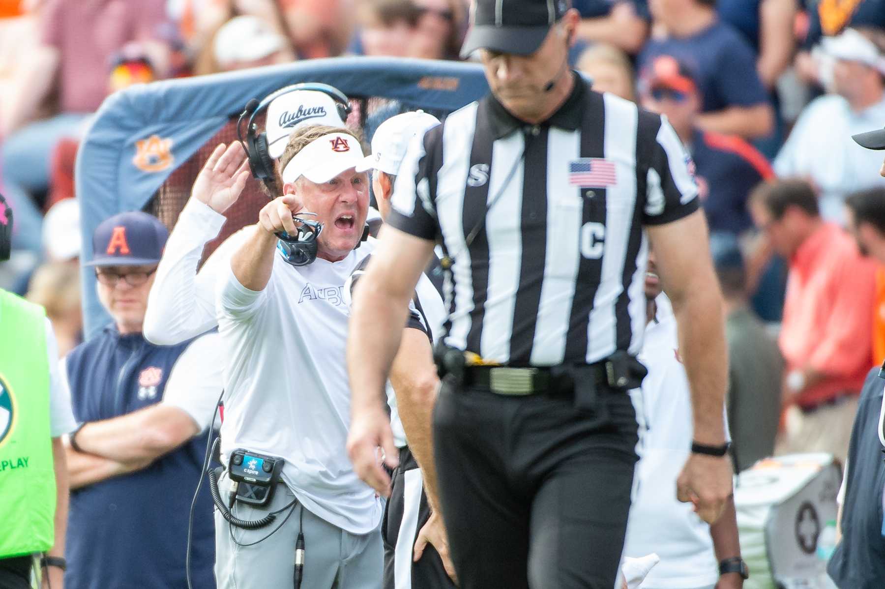 AUBURN, ALABAMA - NOVEMBER 02: Head coach Hugh Freeze of the Auburn Tigers yells at an official during the second half of their game against the Vanderbilt Commodores at Jordan-Hare Stadium on November 02, 2024 in Auburn, Alabama. (Photo by Michael Chang/Getty Images)