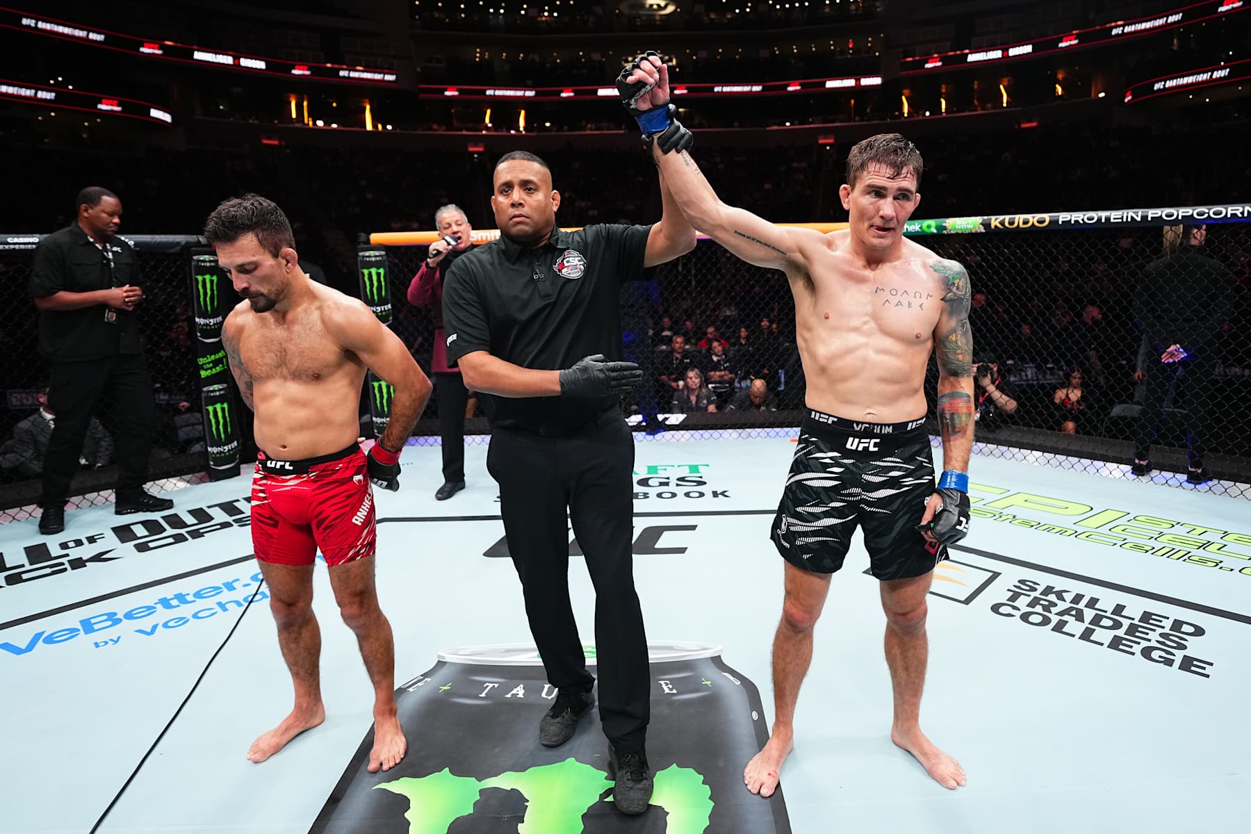 EDMONTON, ALBERTA - NOVEMBER 02: Cody Gibson reacts after a unanimous-decision victory against Chad Anheliger of Canada in a bantamweight fight during the UFC Fight Night event at Rogers Place on November 02, 2024 in Edmonton, Alberta. (Photo by Jeff Bottari/Zuffa LLC)